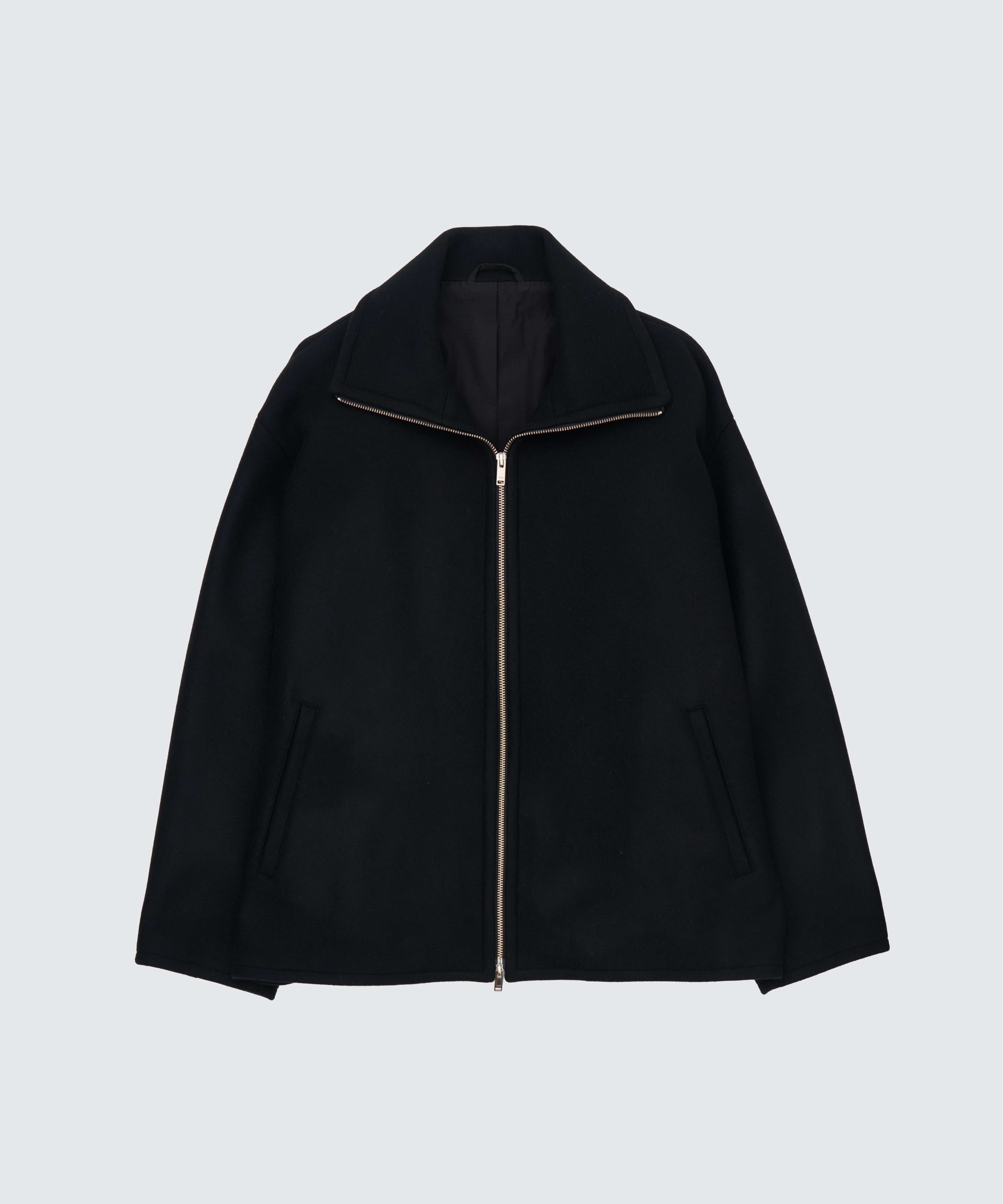BLACK MELTON STAND COLLAR ZIP BLOUSON