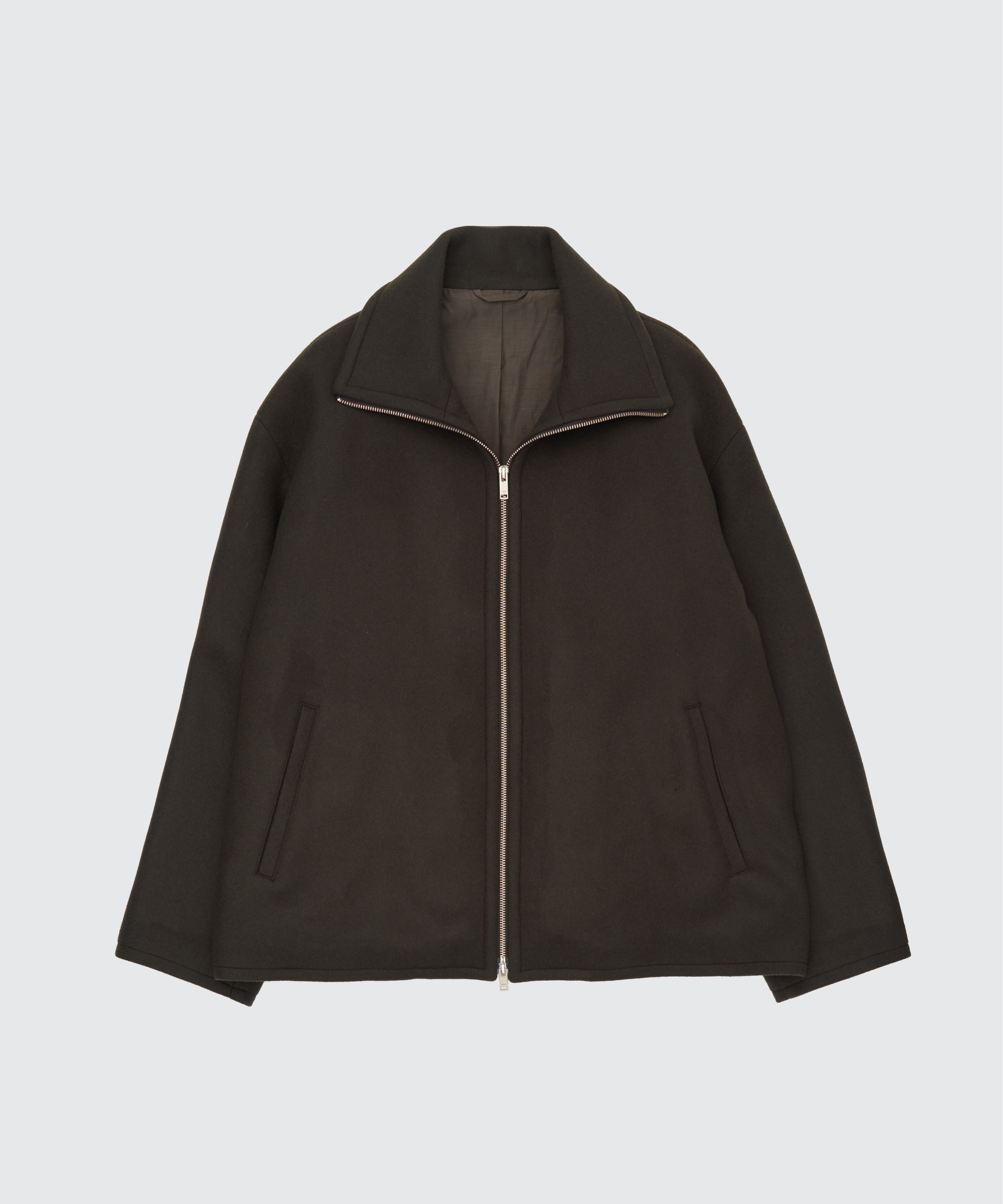 DARK OLIVE MELTON STAND COLLAR ZIP BLOUSON