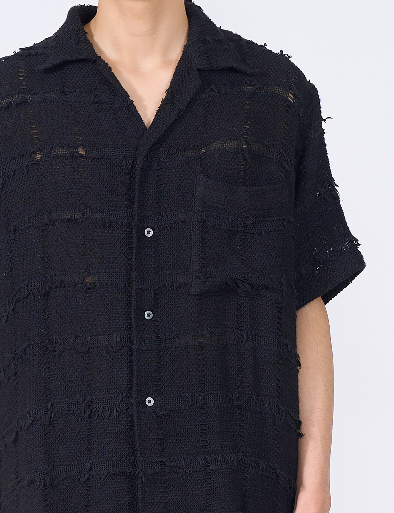 BLACK FRINGE CHECK TWEED OPEN COLLAR SHIRT