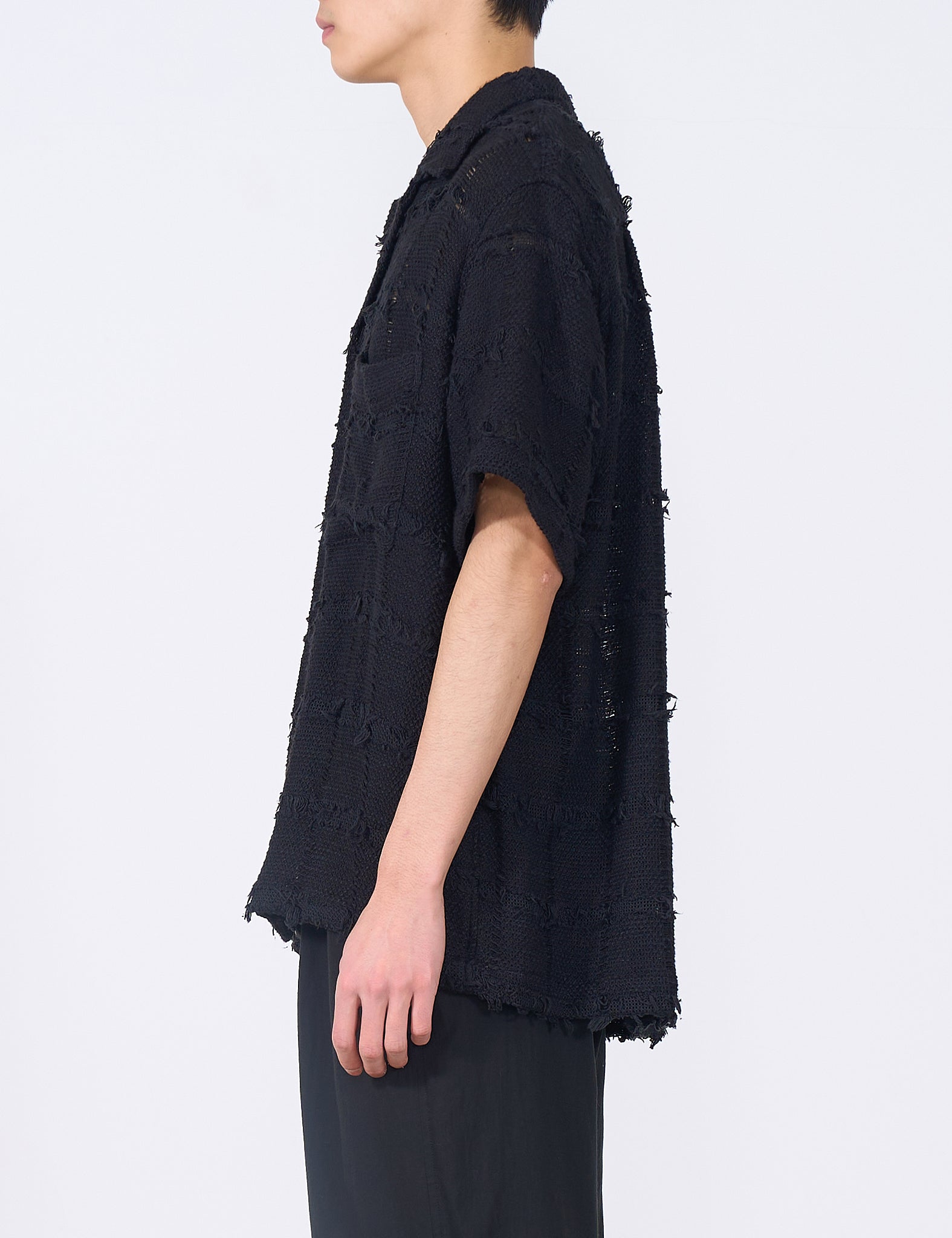 BLACK FRINGE CHECK TWEED OPEN COLLAR SHIRT
