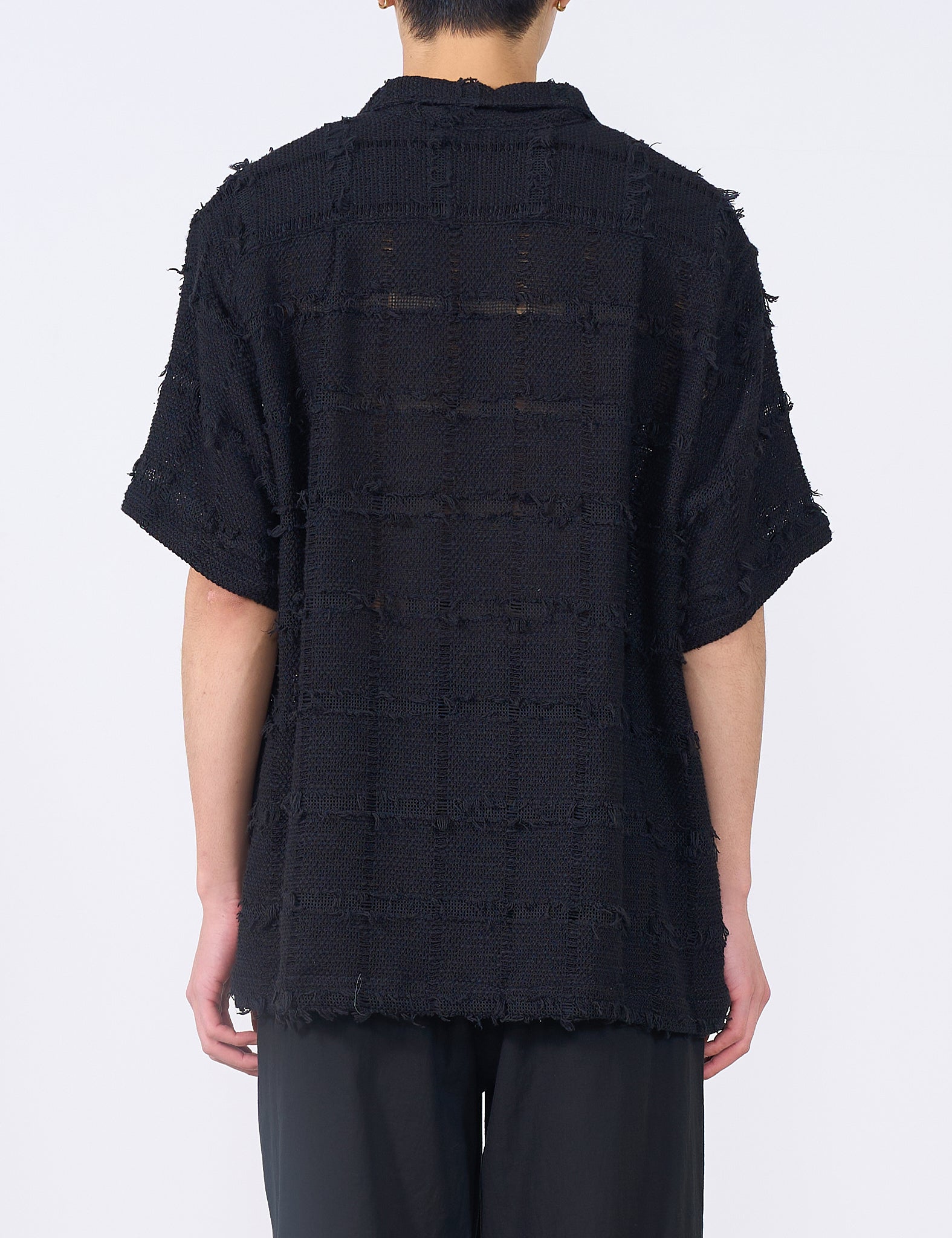 BLACK FRINGE CHECK TWEED OPEN COLLAR SHIRT
