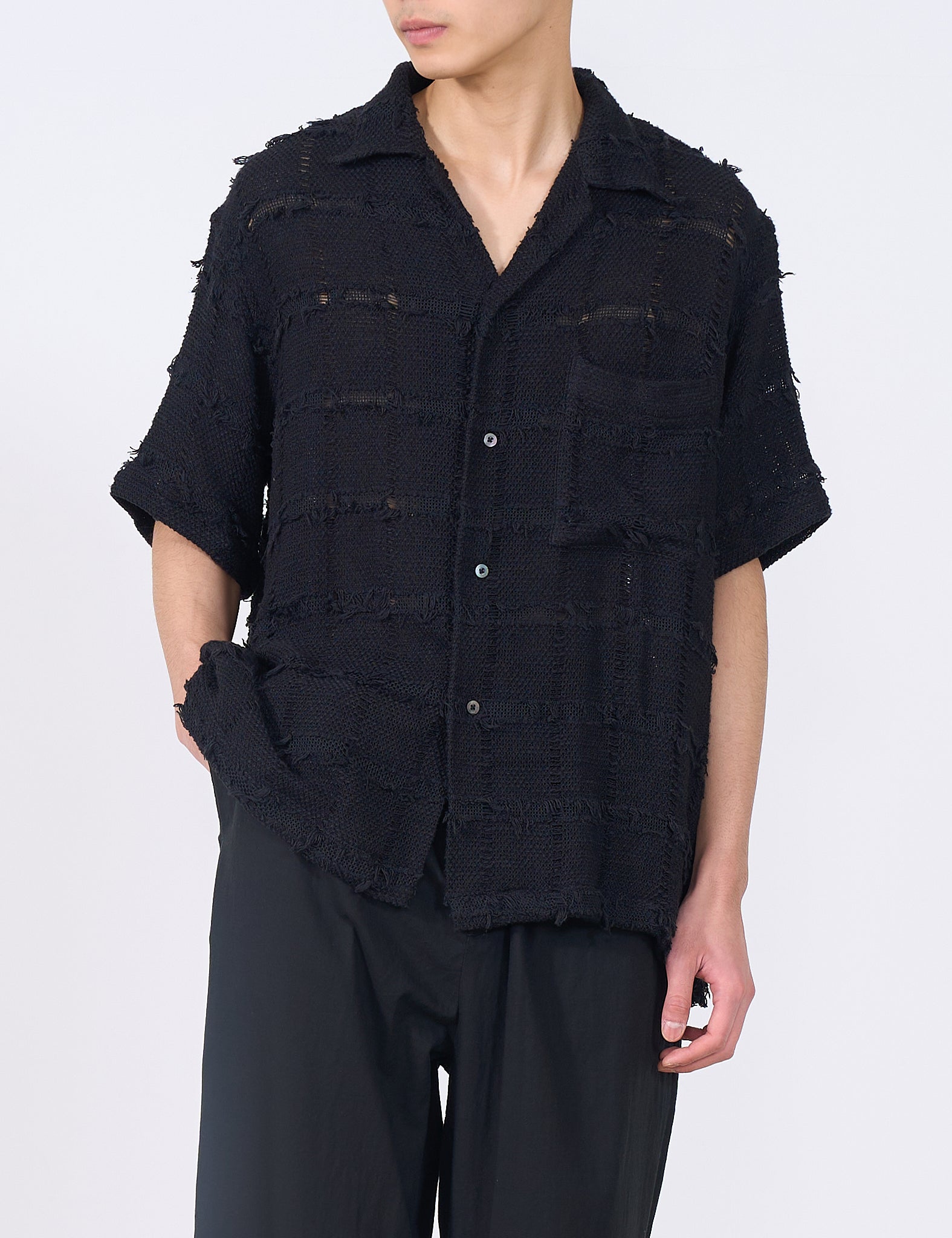 BLACK FRINGE CHECK TWEED OPEN COLLAR SHIRT