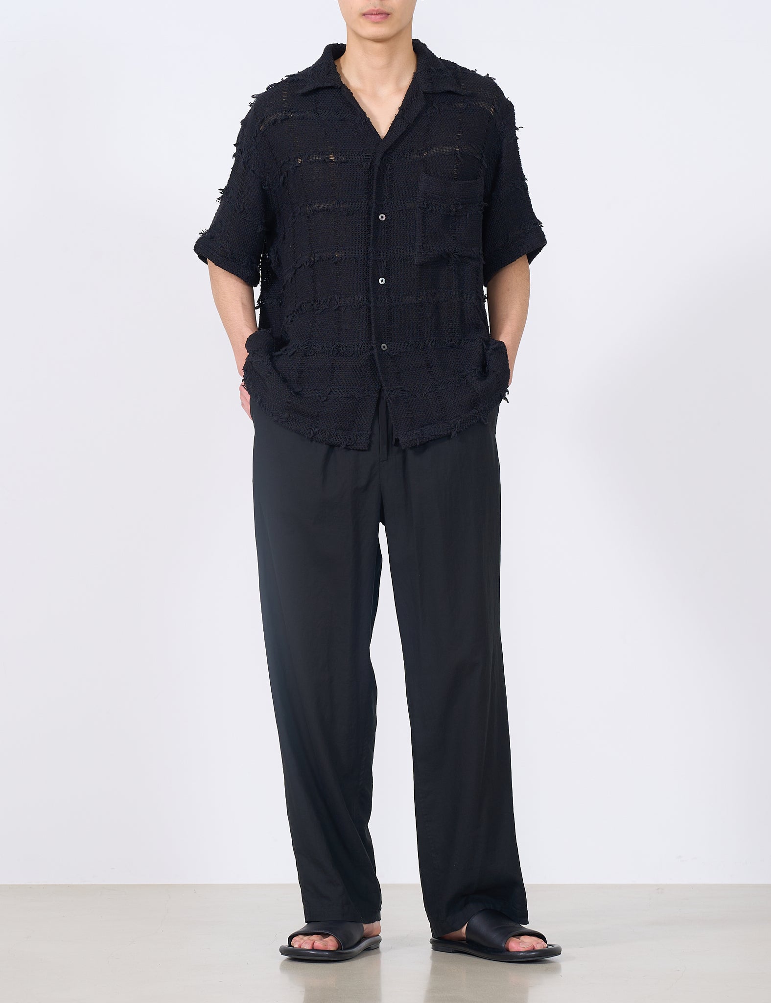 BLACK FRINGE CHECK TWEED OPEN COLLAR SHIRT