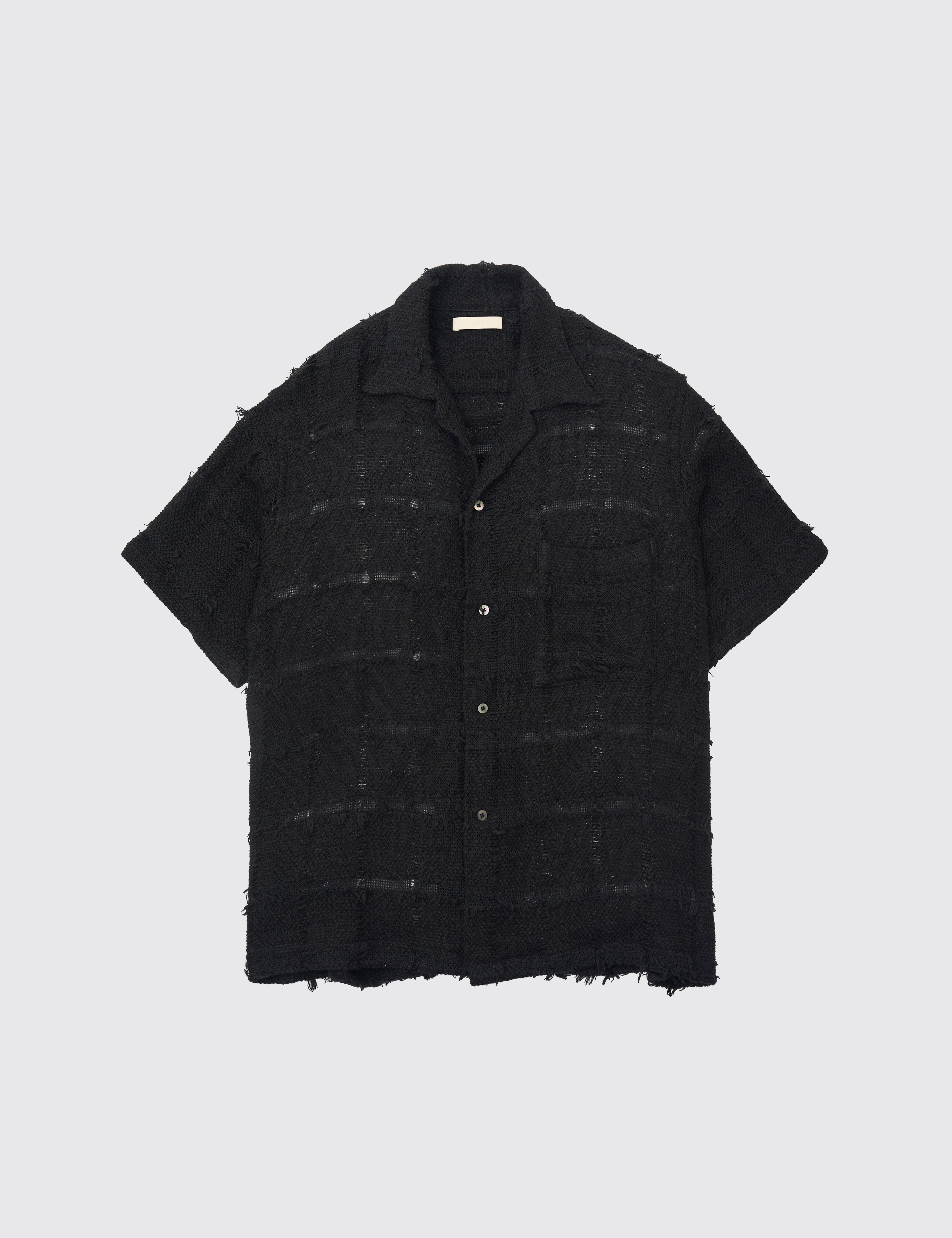 BLACK FRINGE CHECK TWEED OPEN COLLAR SHIRT