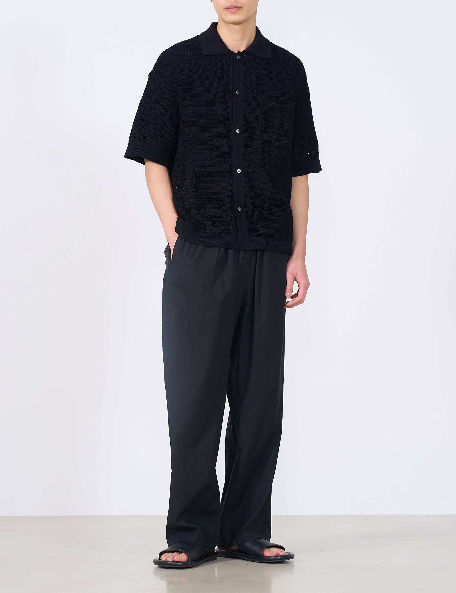 BLACK COTTON MESH KNIT SHIRT