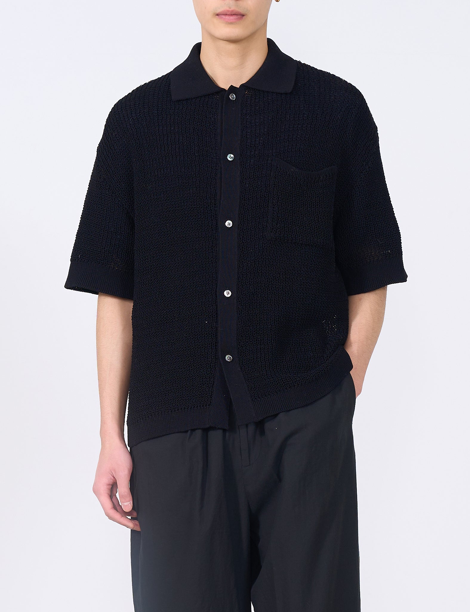 BLACK COTTON MESH KNIT SHIRT