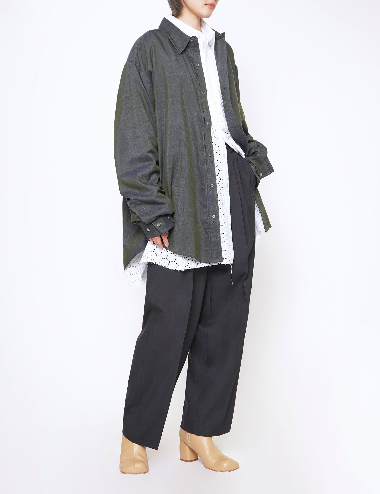 CHARCOAL 3PLEATED WIDE LEG TROUSERS