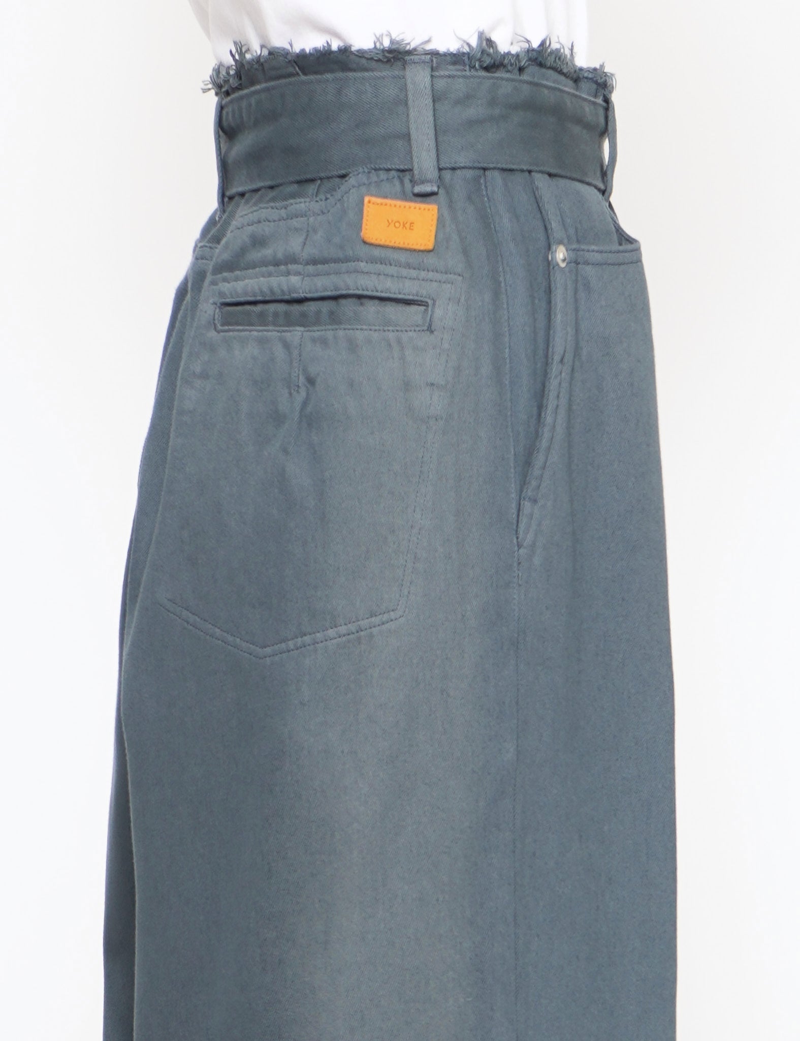 TURQUOISE DEEP CUT-OFF WIDE-LEGGED DENIM TROUSERS