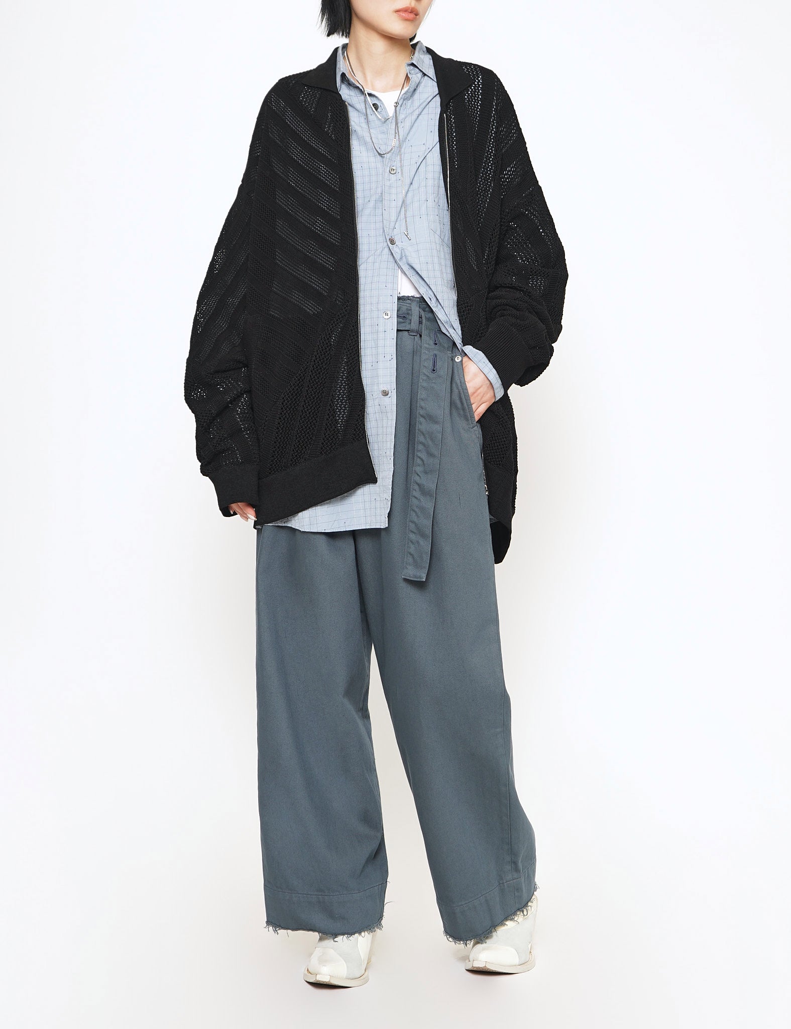TURQUOISE DEEP CUT-OFF WIDE-LEGGED DENIM TROUSERS