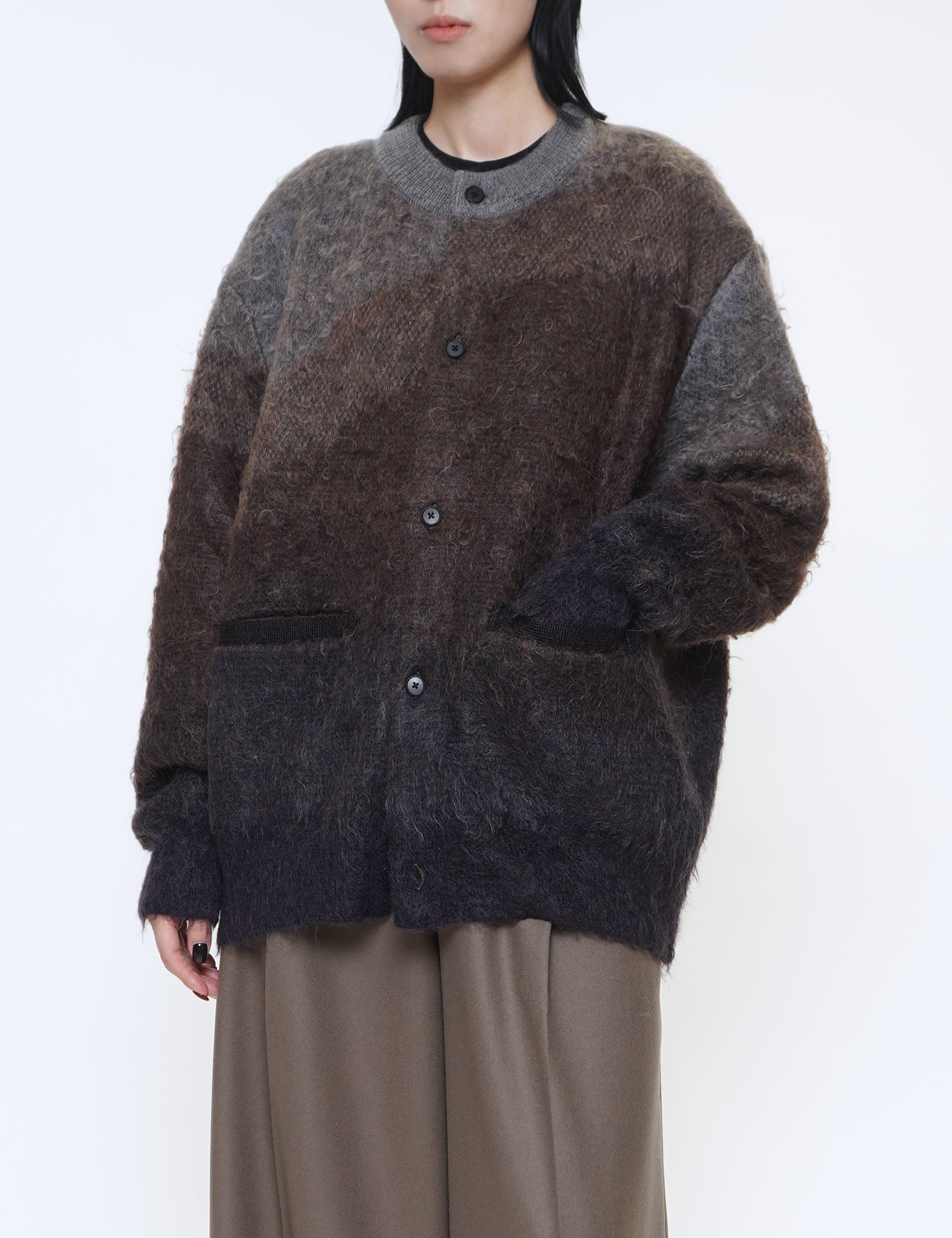 BROWN CREAM GRADATION MOHAIR KNIT CARDIGAN