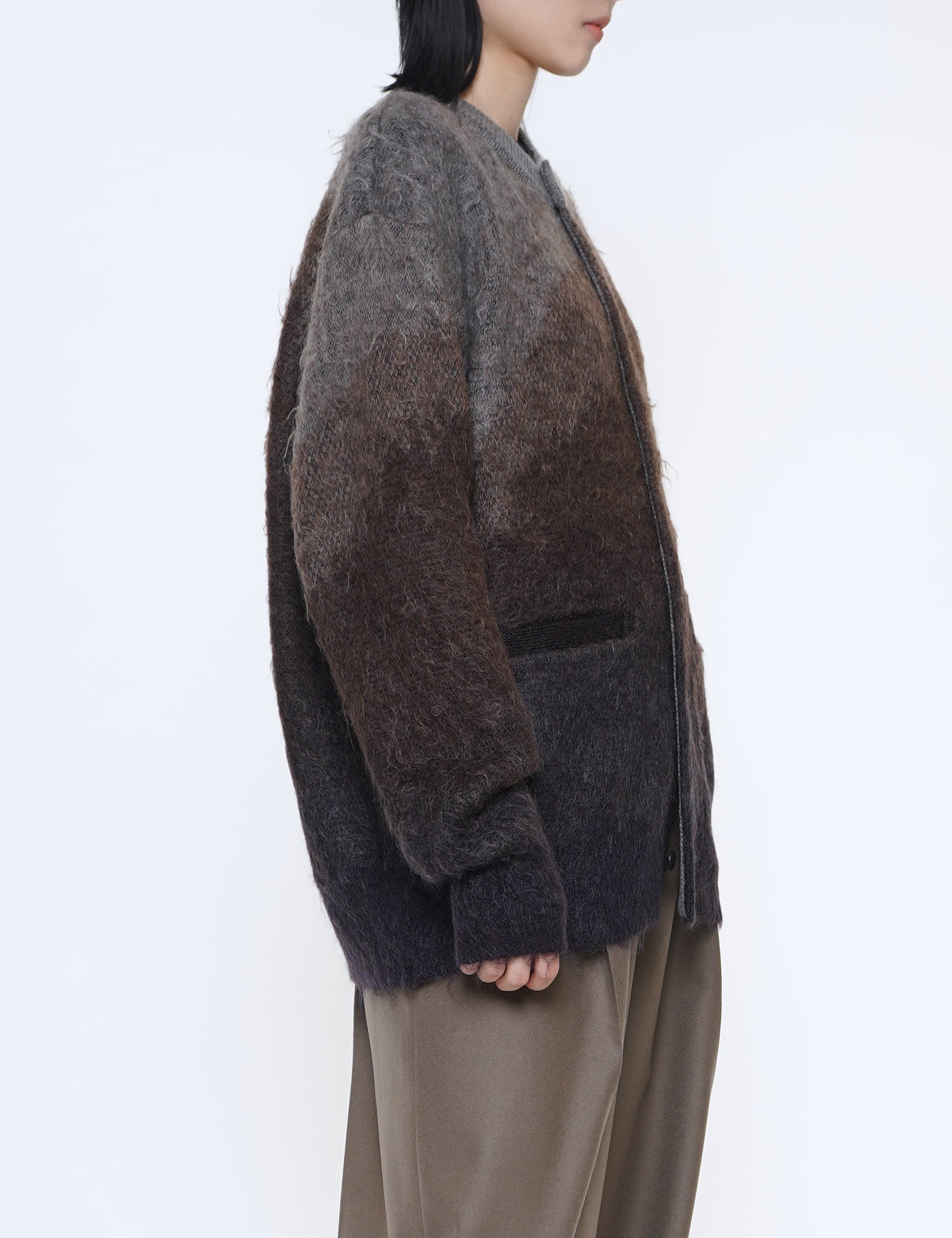 BROWN CREAM GRADATION MOHAIR KNIT CARDIGAN