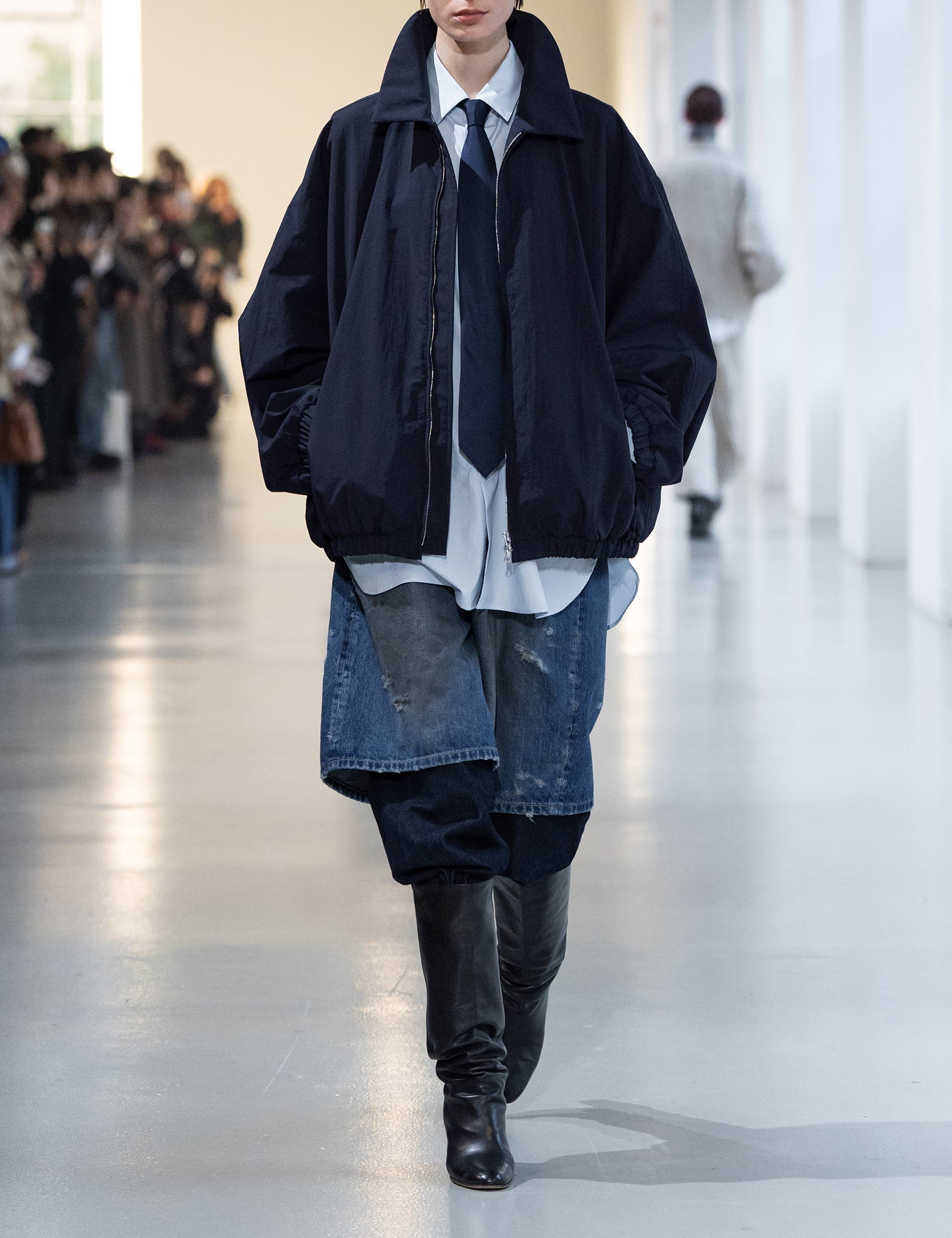DARK NAVY RECYCLED NYLON OVERSIZED ZIP JACKET