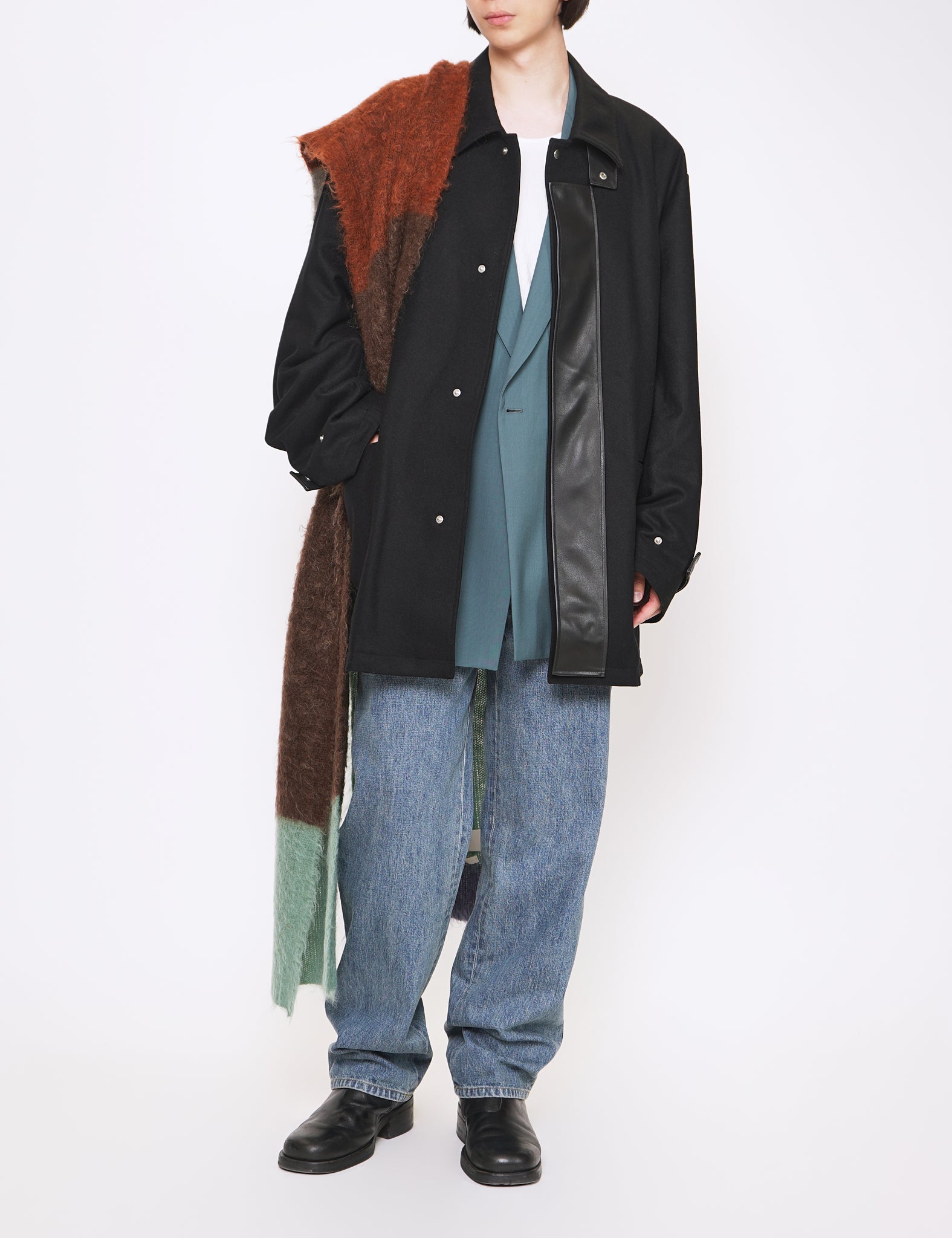 BLACK LEATHER FLY FRONT LONG JACKET