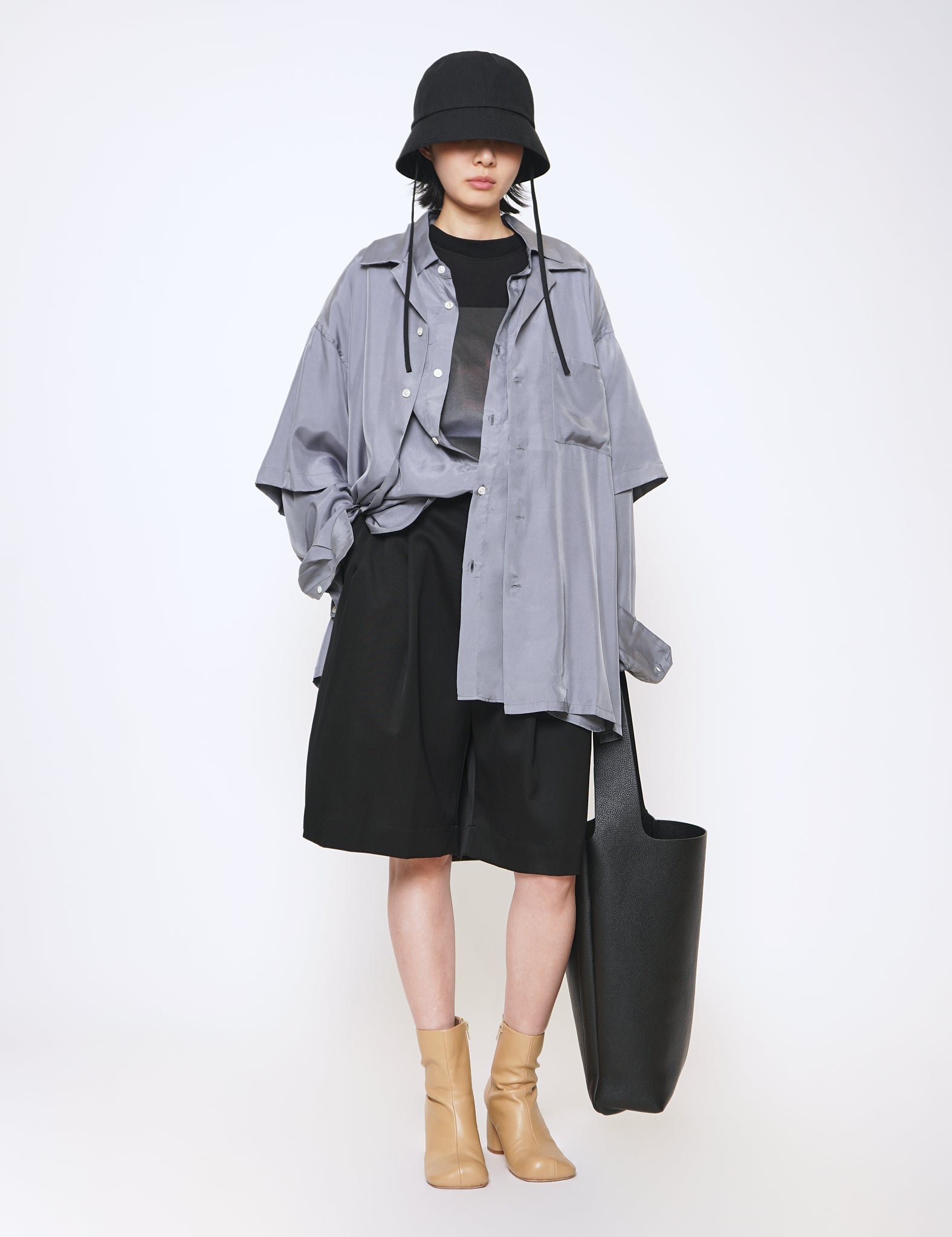 BLUE GREY OVERSIZED CUPRO OPEN COLLAR SS SHIRT