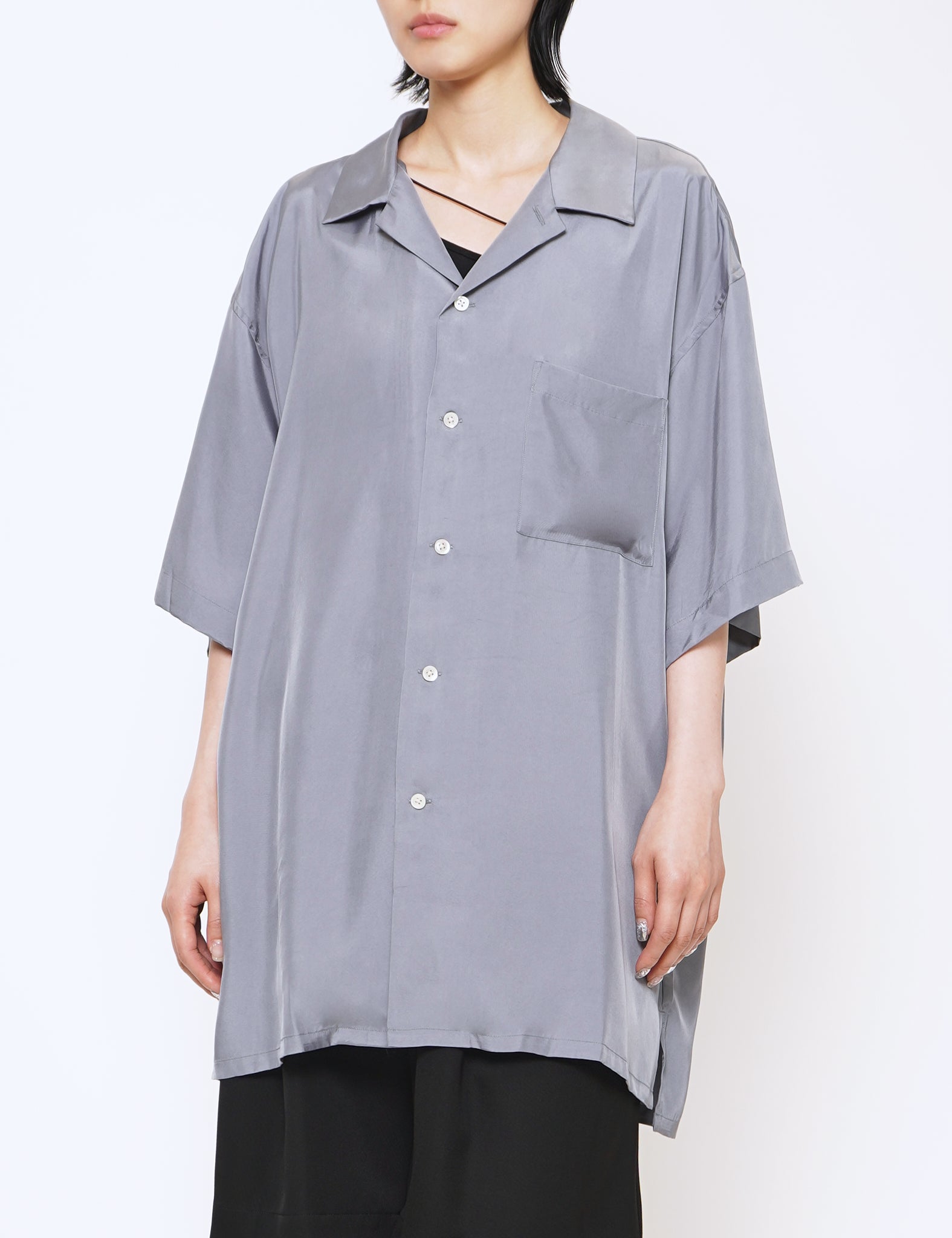 BLUE GREY OVERSIZED CUPRO OPEN COLLAR SS SHIRT