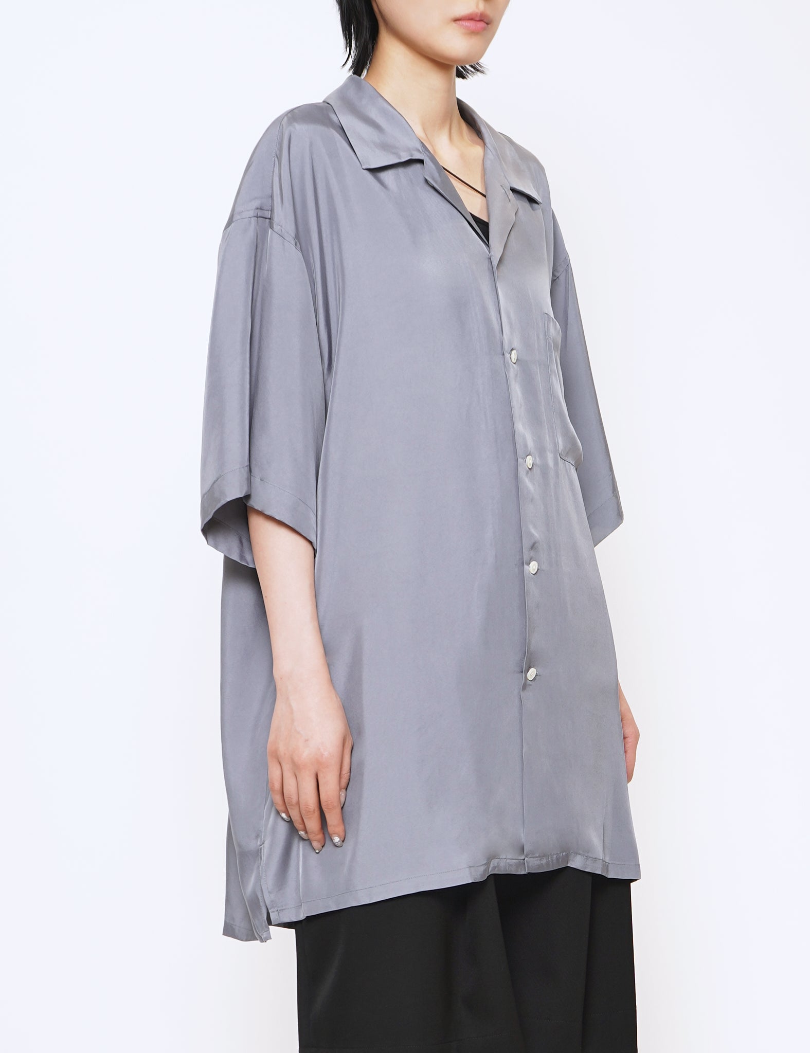 BLUE GREY OVERSIZED CUPRO OPEN COLLAR SS SHIRT