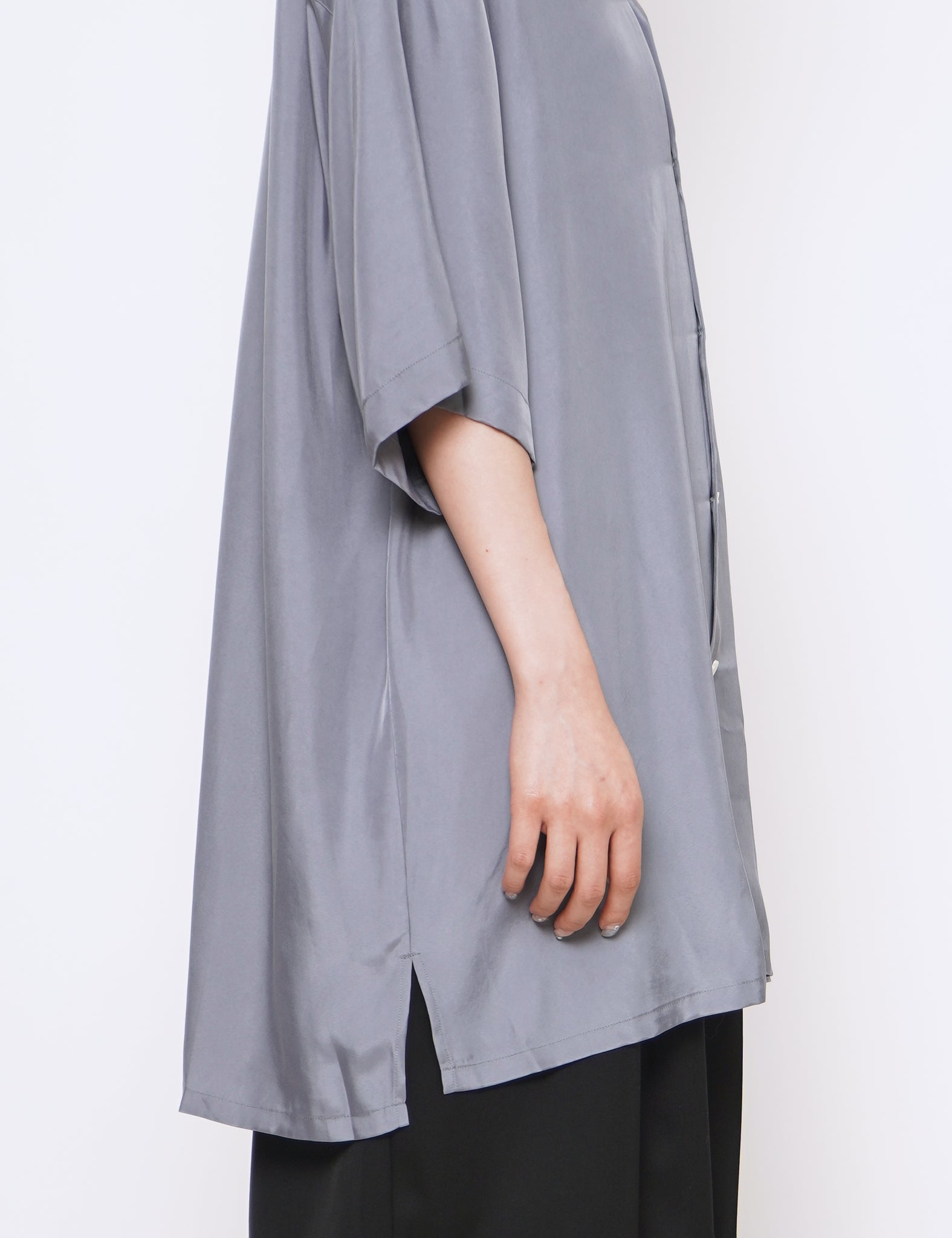 BLUE GREY OVERSIZED CUPRO OPEN COLLAR SS SHIRT