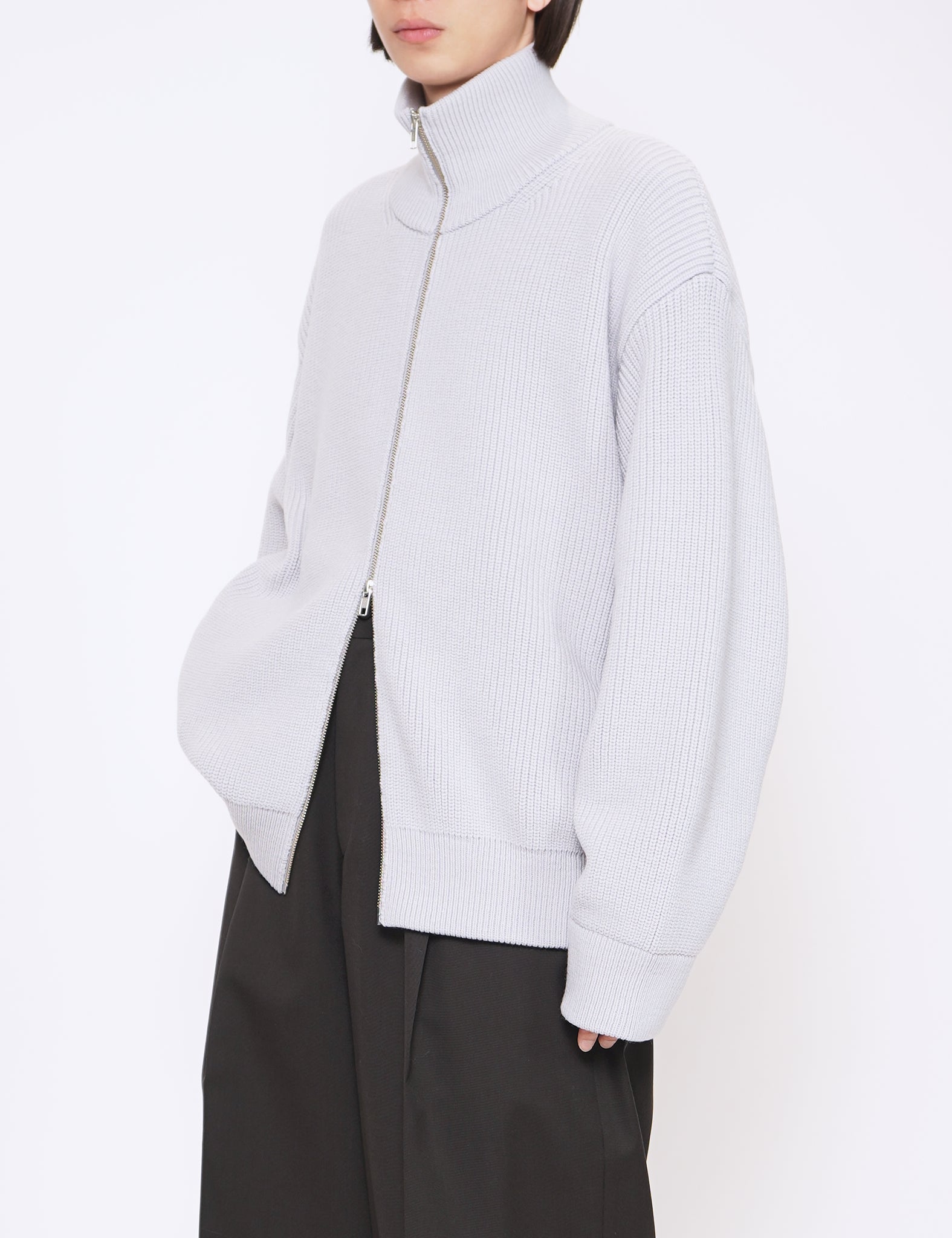 OFF GREY OVERSIZED DRIVERS KNIT ZIP JACKET