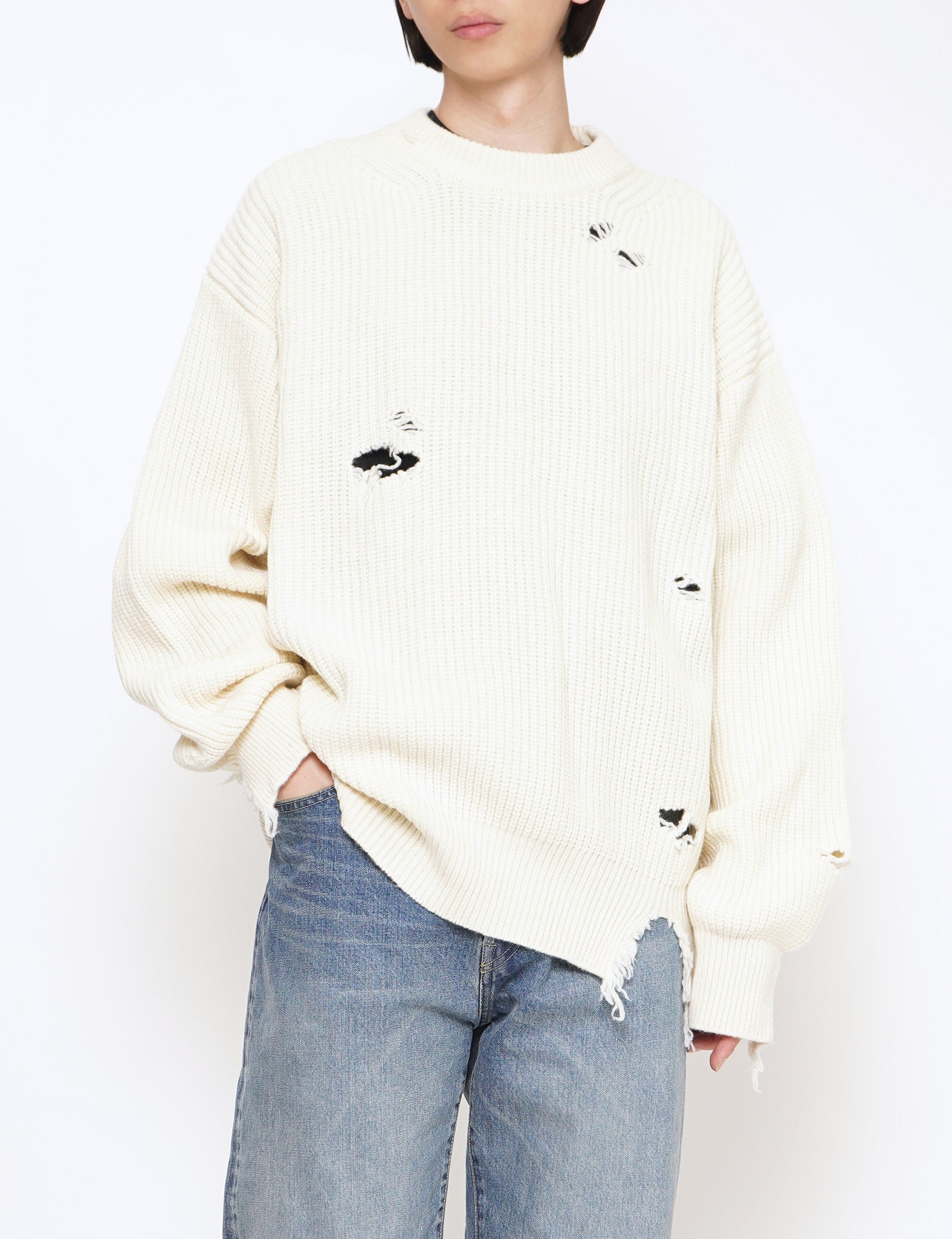OFF WHITE MILLED DAMAGE LONG SLEEVE KNIT