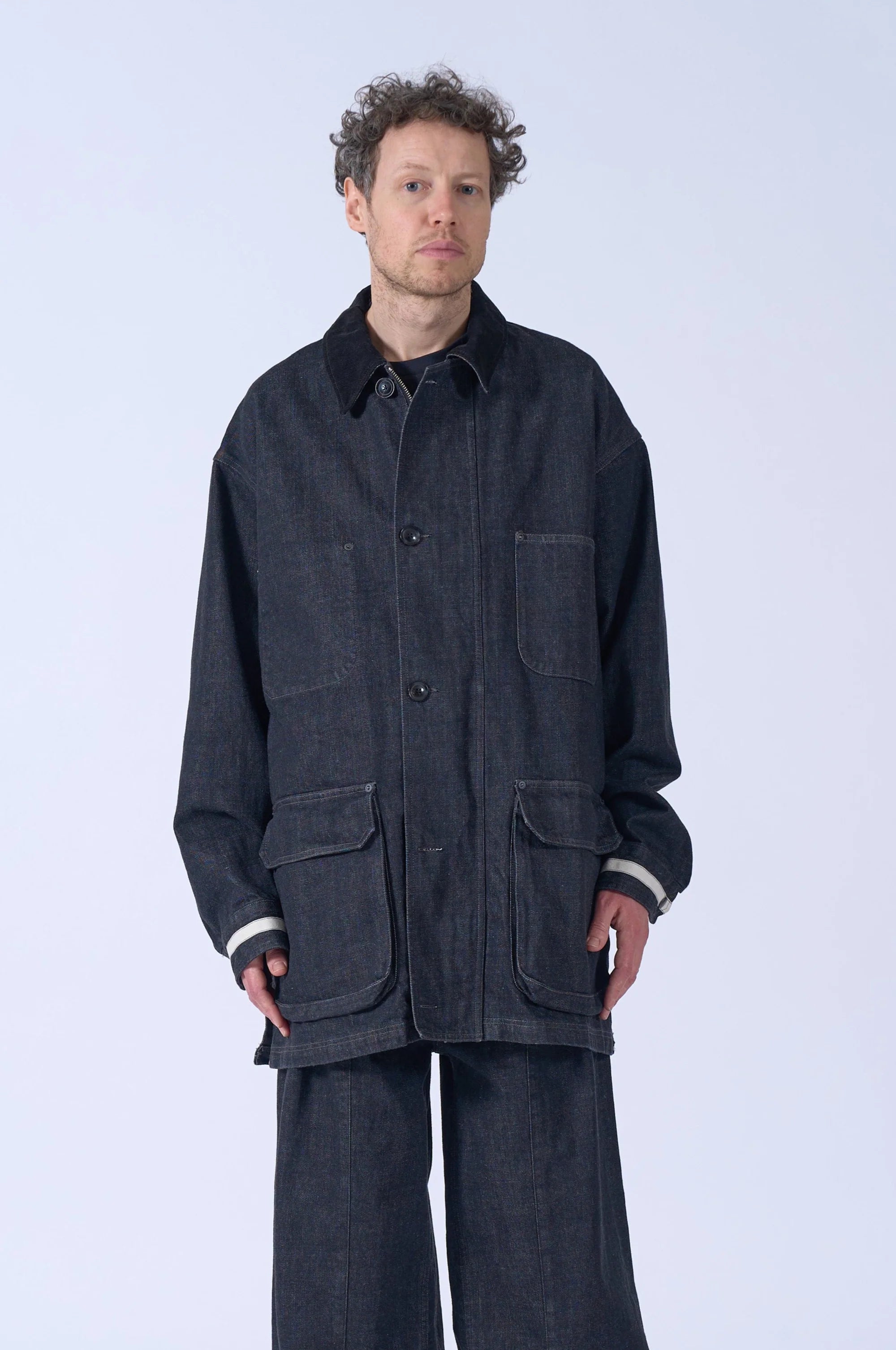 BLACK DENIM COVERALL HALF COAT