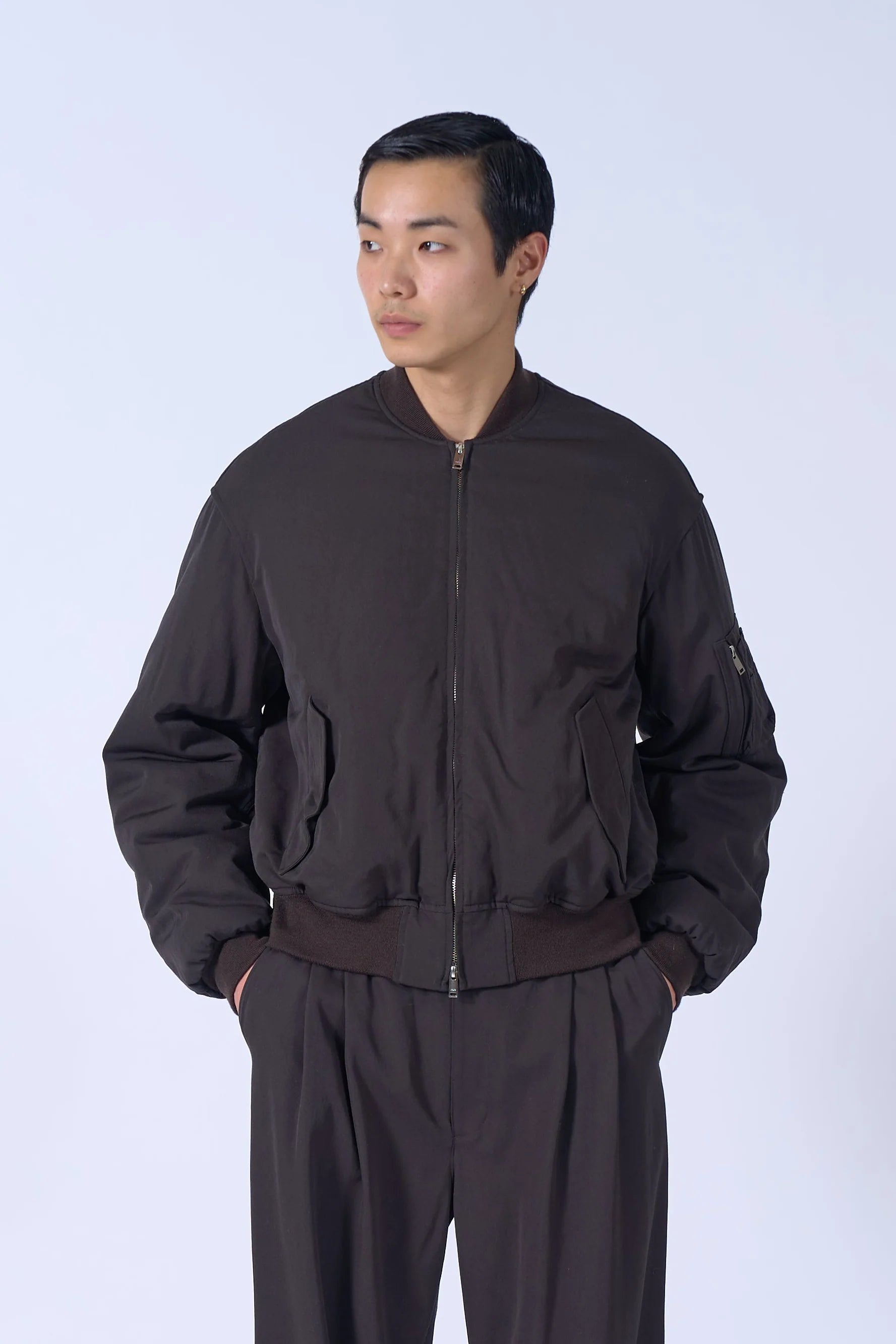 DARK BROWN WOOL WASHER TWILL FLIGHT JACKET