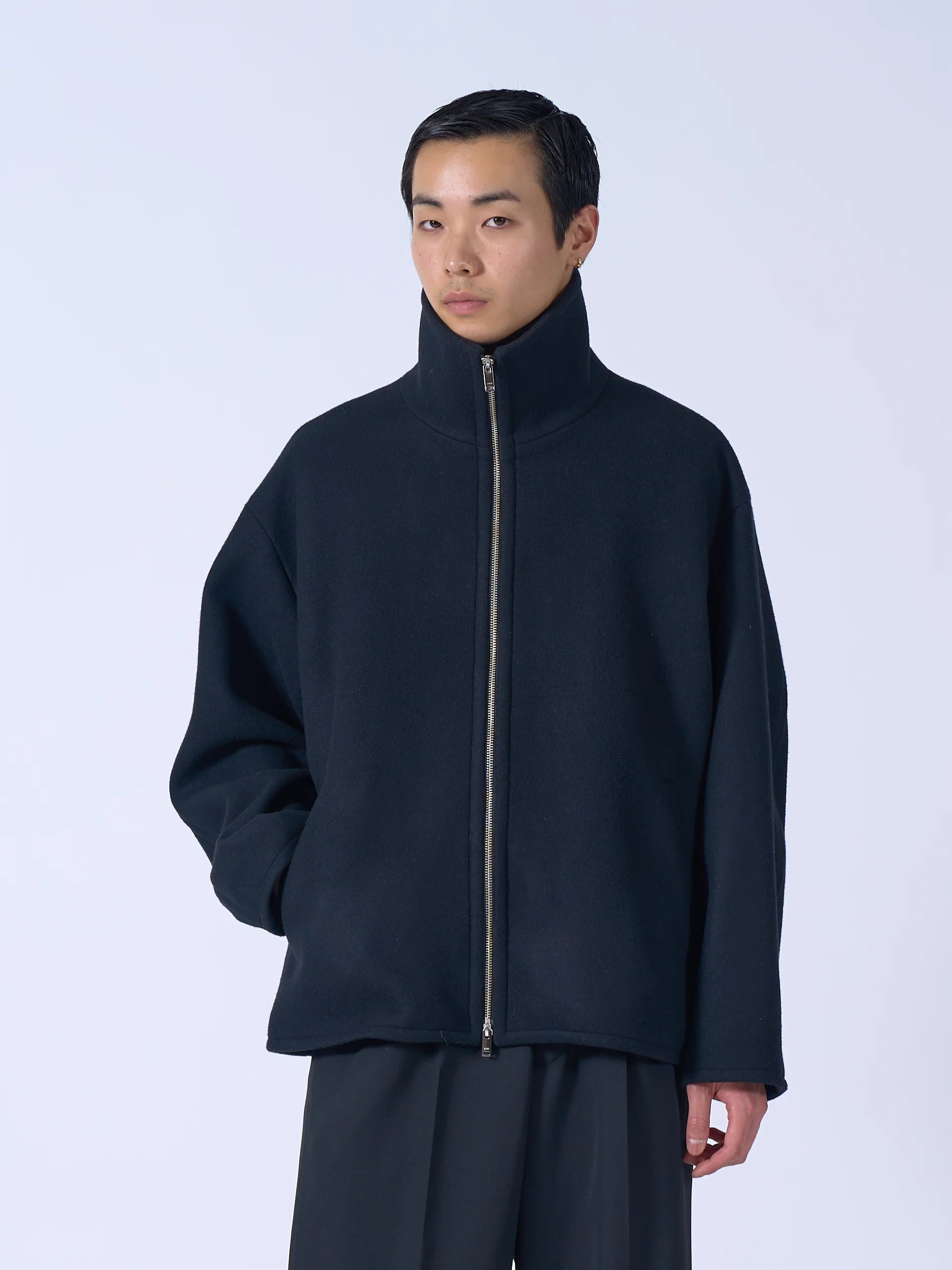 BLACK MELTON STAND COLLAR ZIP BLOUSON