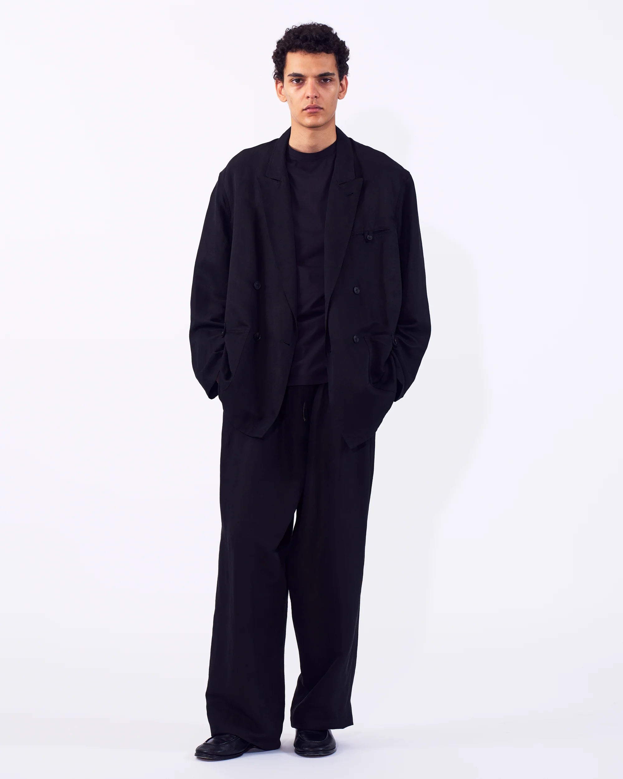 BLACK LINEN SILK KERSEY DOUBLE BREASTED BLAZER