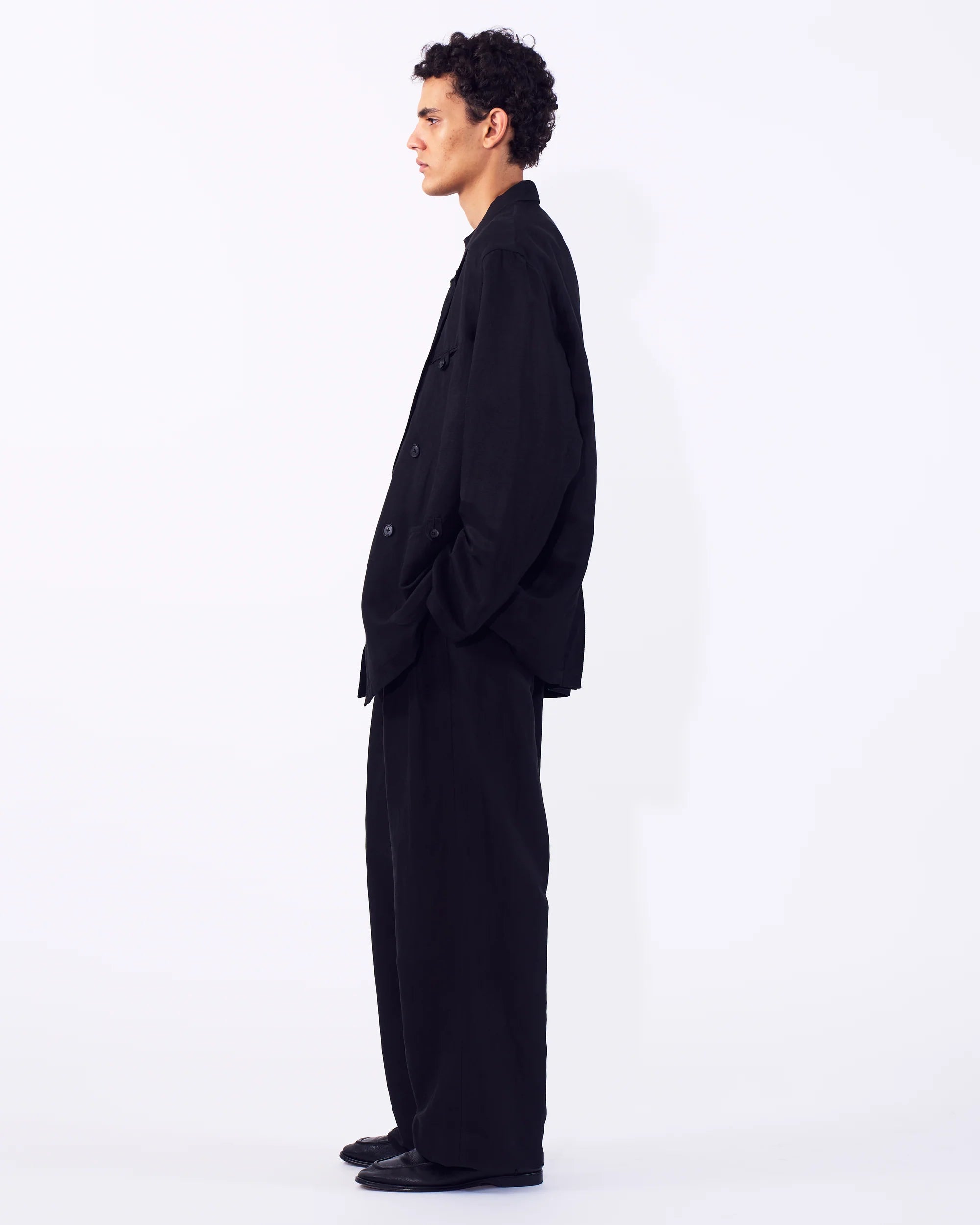 BLACK LINEN SILK KERSEY DOUBLE BREASTED BLAZER