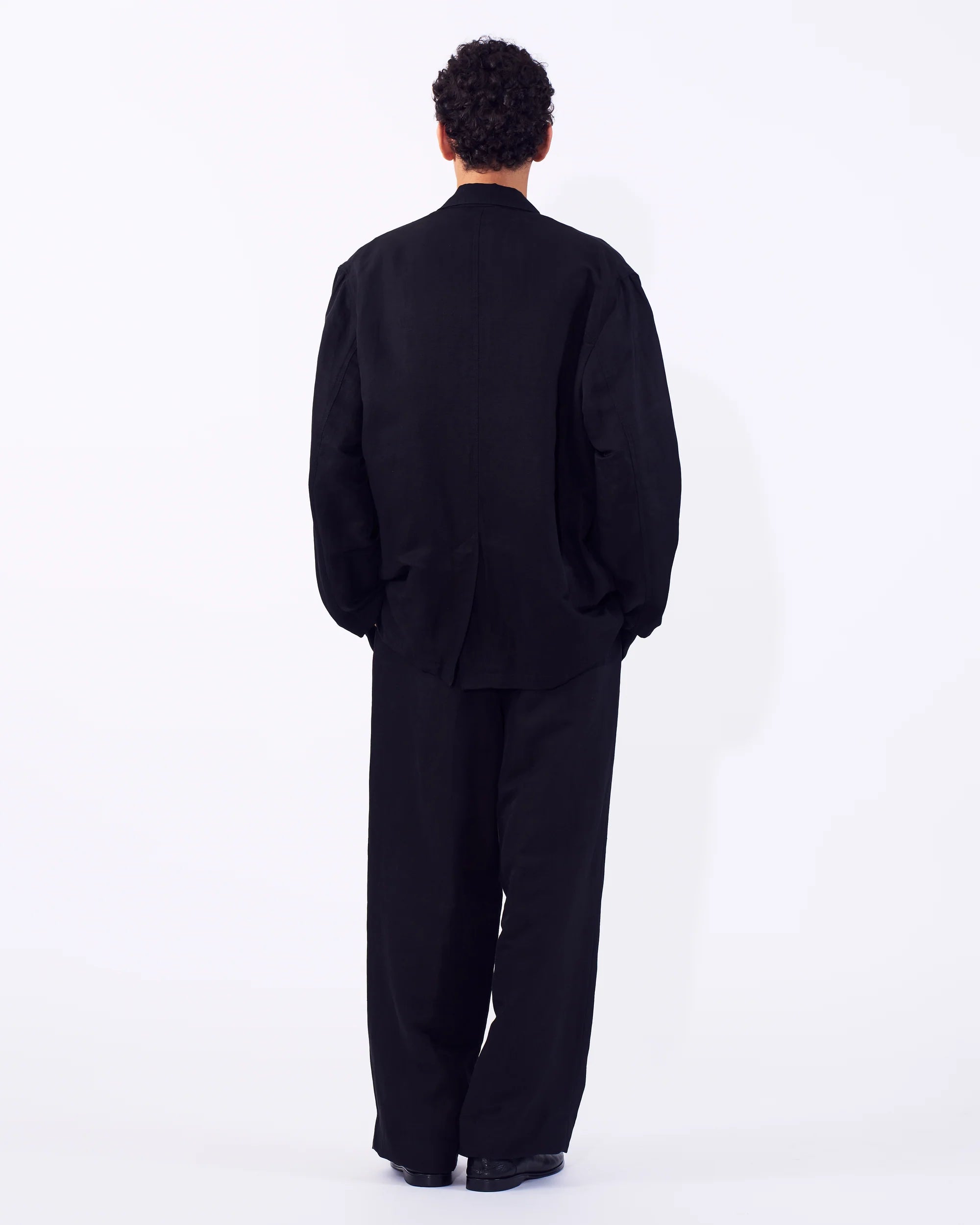 BLACK LINEN SILK KERSEY DOUBLE BREASTED BLAZER