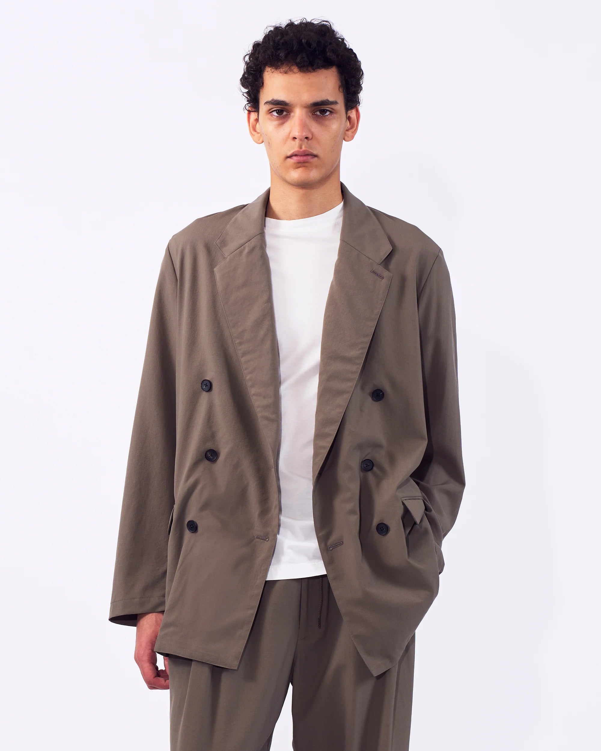 SAND BEIGE WOOL WASHER TROPICAL DOUBLE BREASTED JACKET