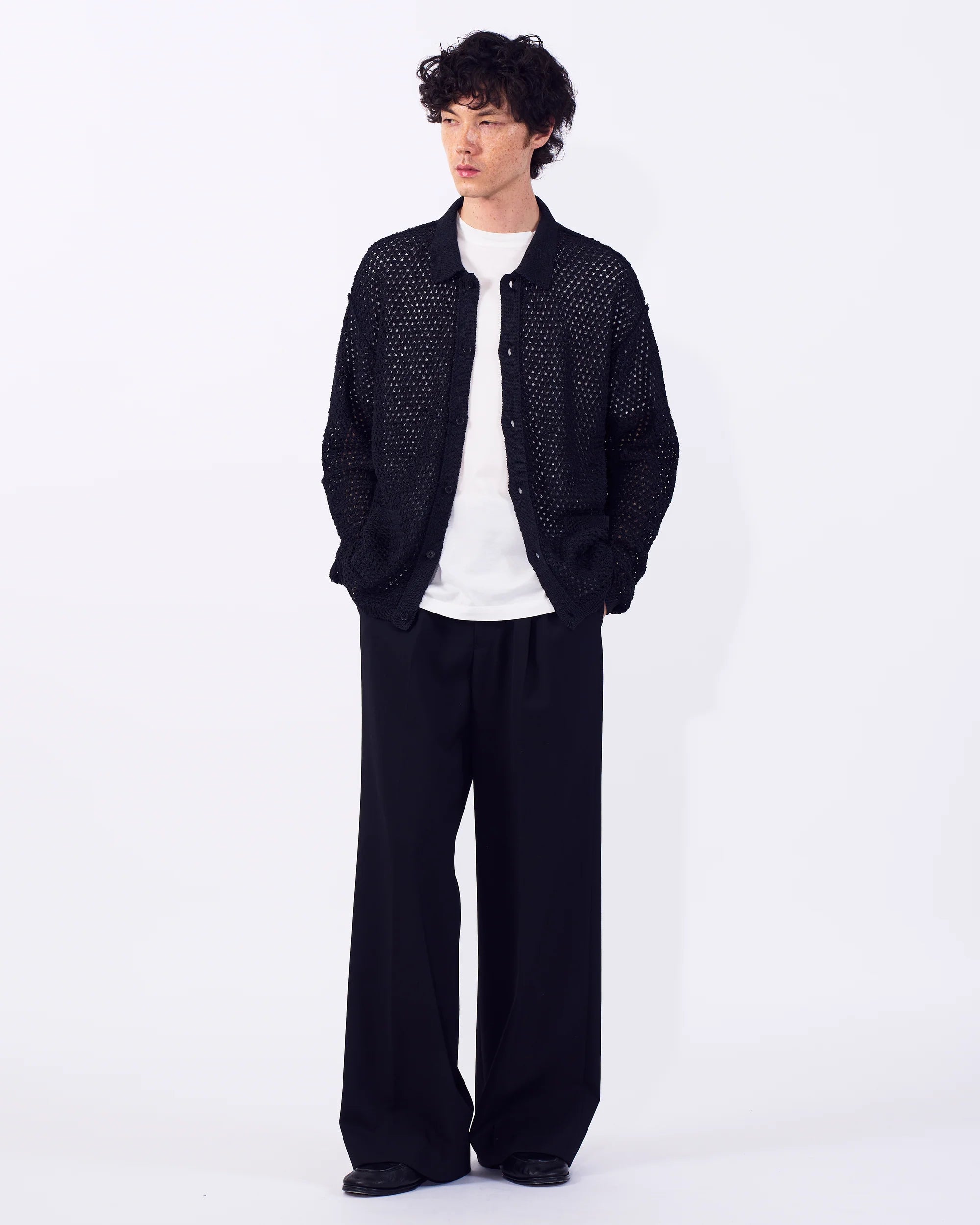 BLACK MESH KNIT SHIRT CARDIGAN