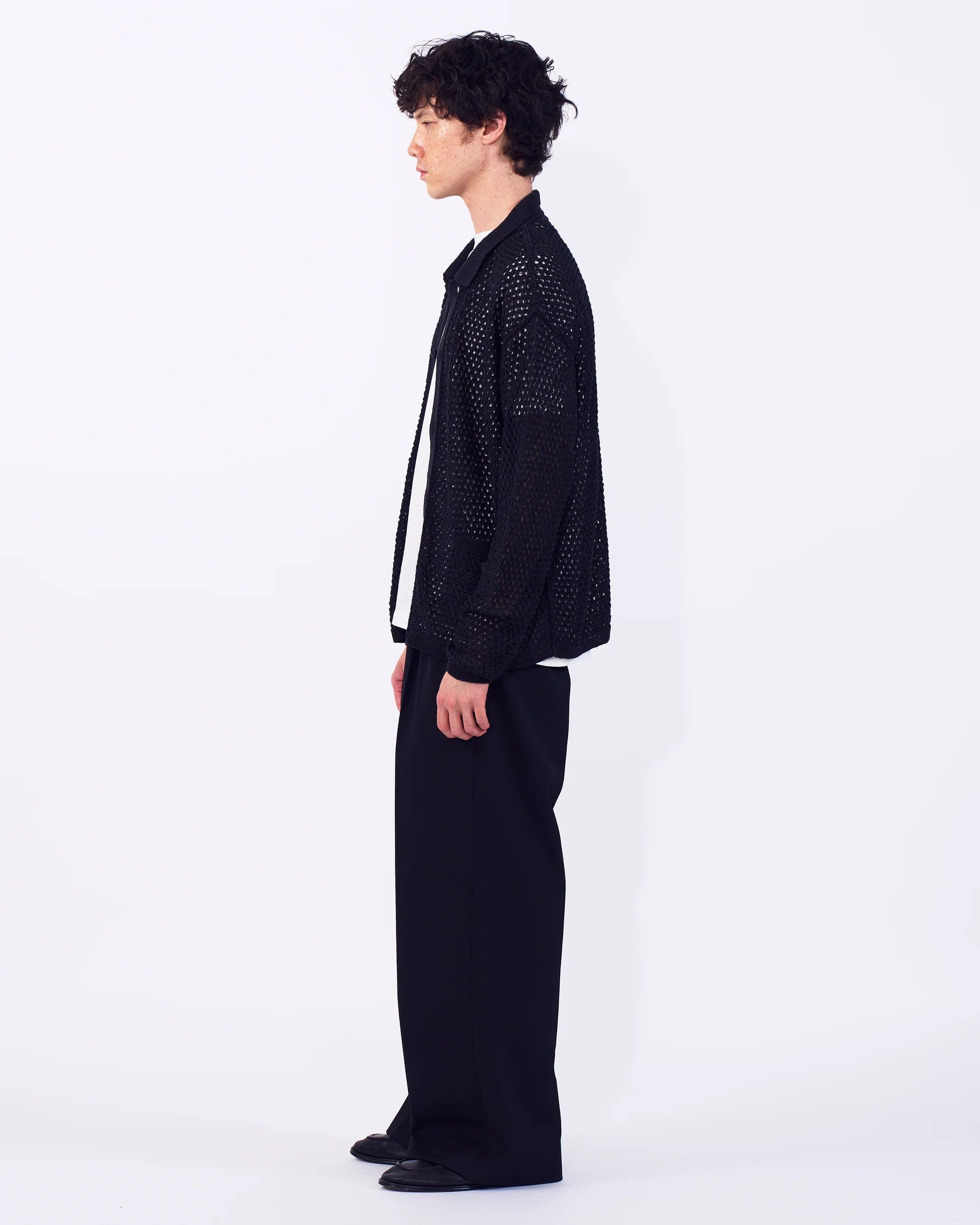 BLACK MESH KNIT SHIRT CARDIGAN