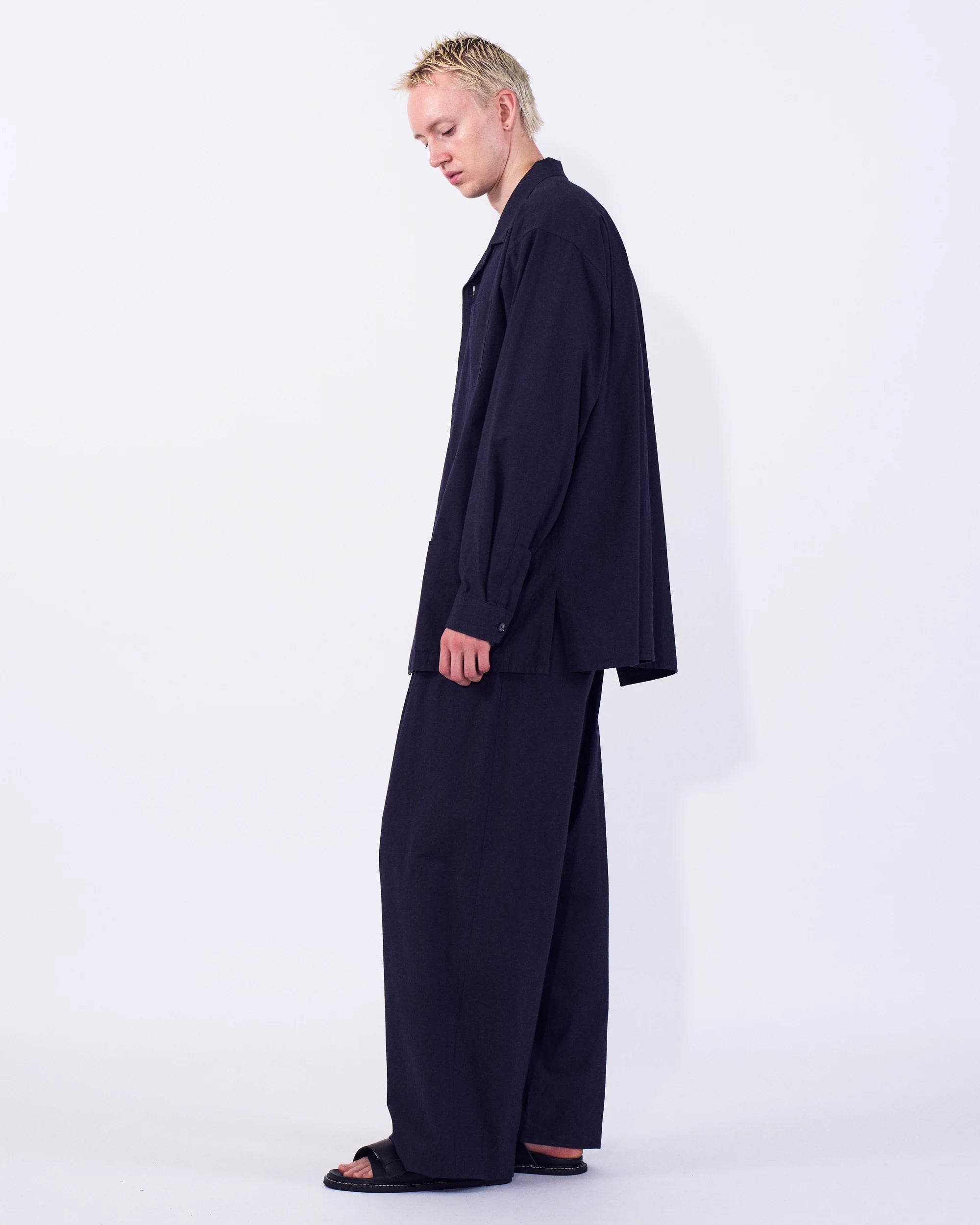 DARK NAVY MODAL DOUBLE POCKET OPEN COLLAR SHIRT