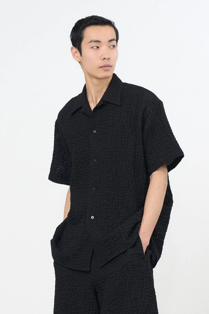 BLACK EMBROIDERY OPEN COLLAR SHIRT