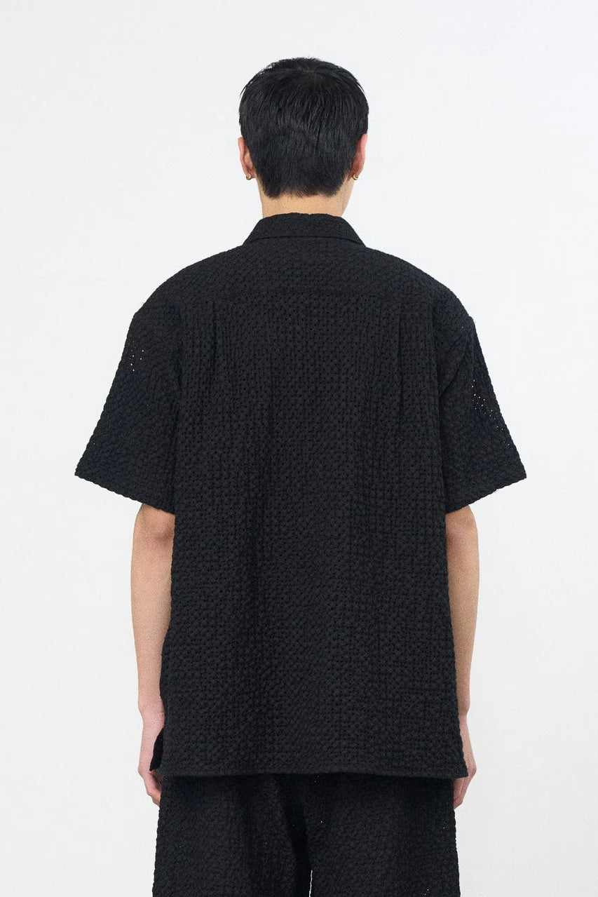 BLACK EMBROIDERY OPEN COLLAR SHIRT