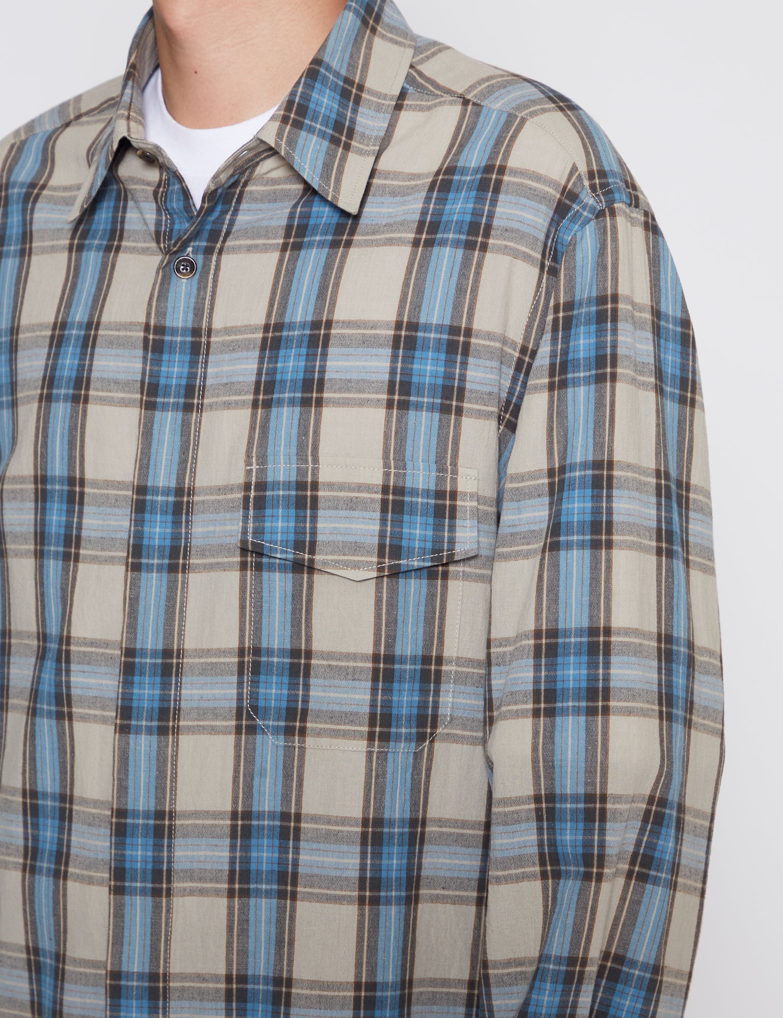 BEIGE & SAX CHECK COTTON RAIME FLY FRONT SHIRT