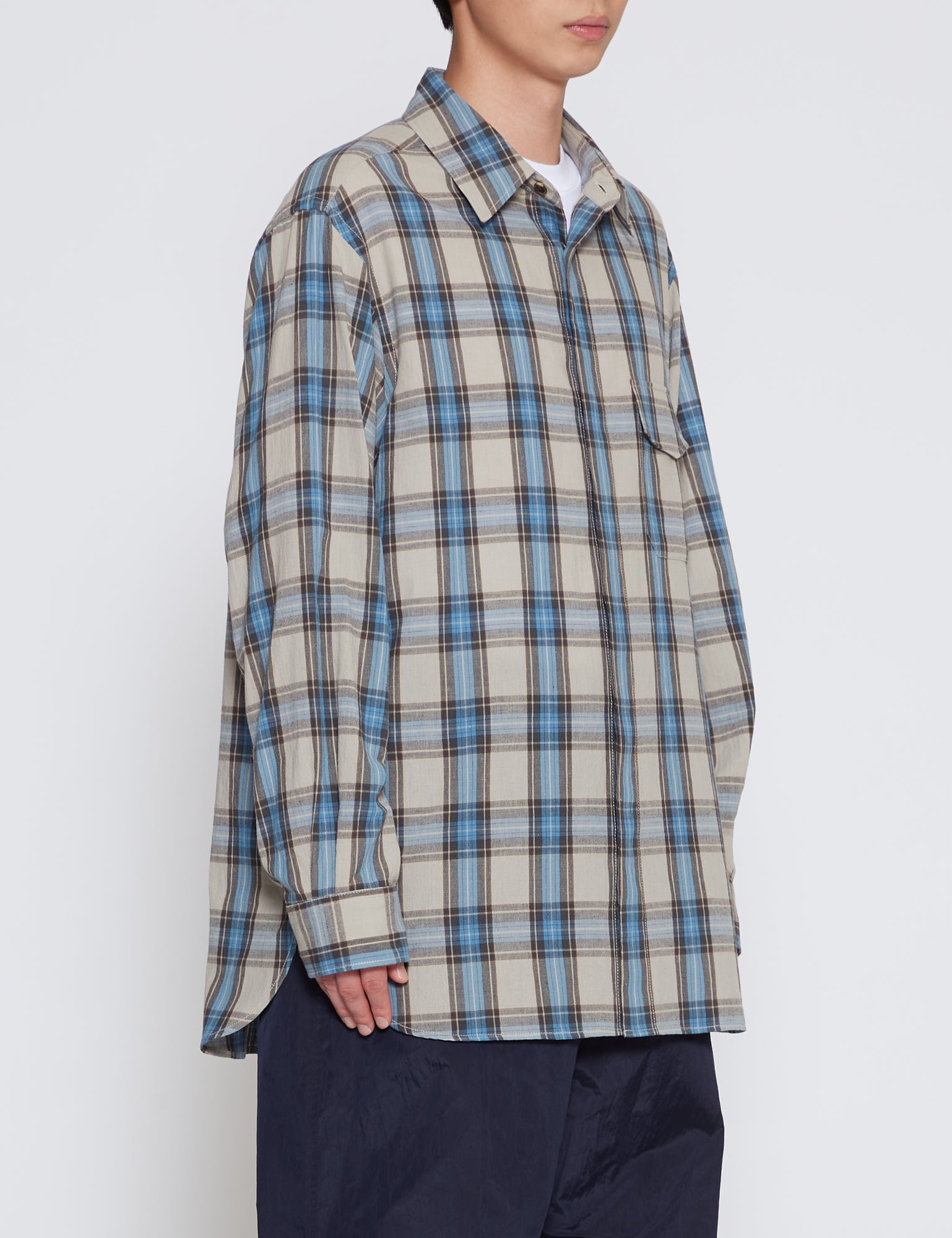 BEIGE & SAX CHECK COTTON RAIME FLY FRONT SHIRT