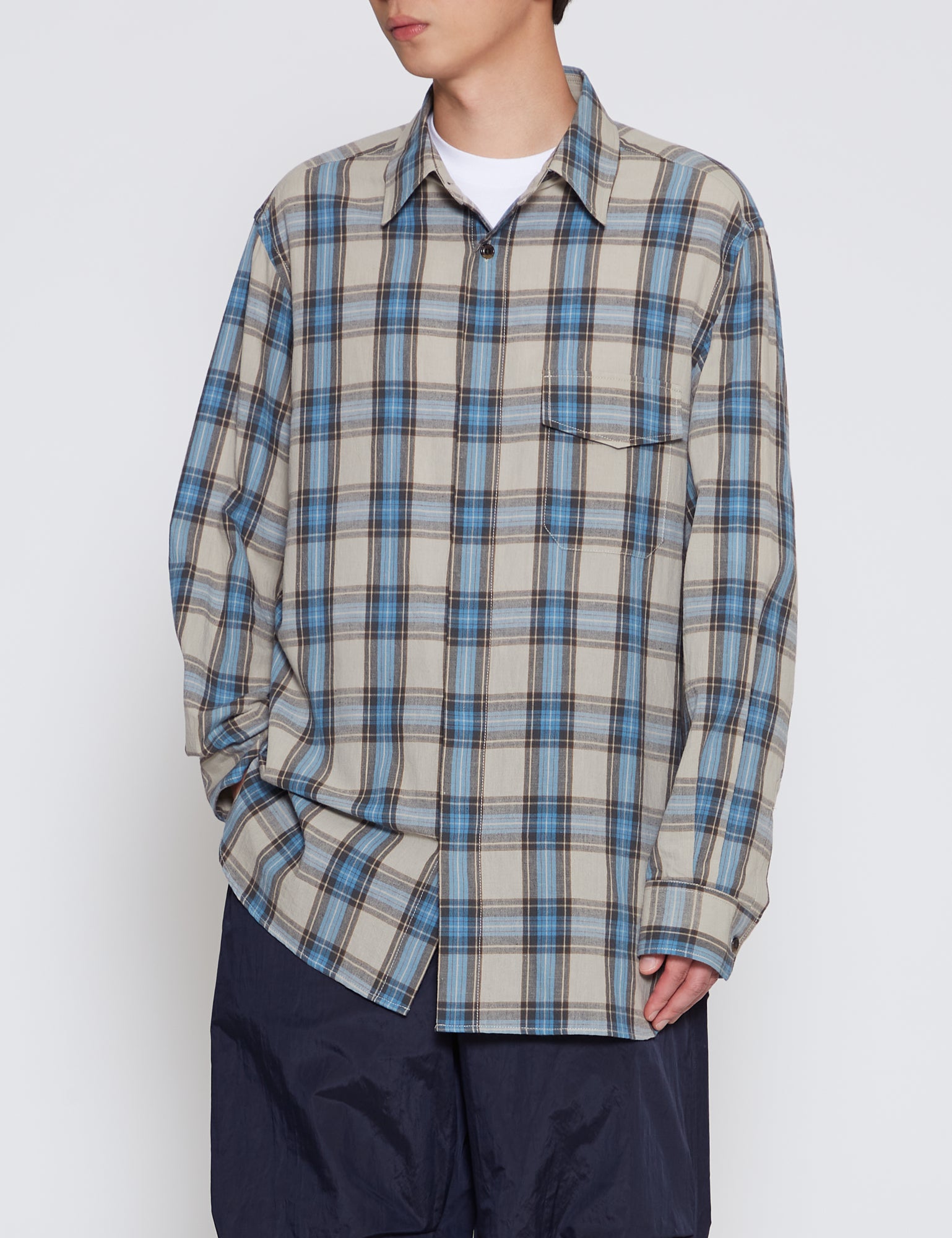 BEIGE & SAX CHECK COTTON RAIME FLY FRONT SHIRT