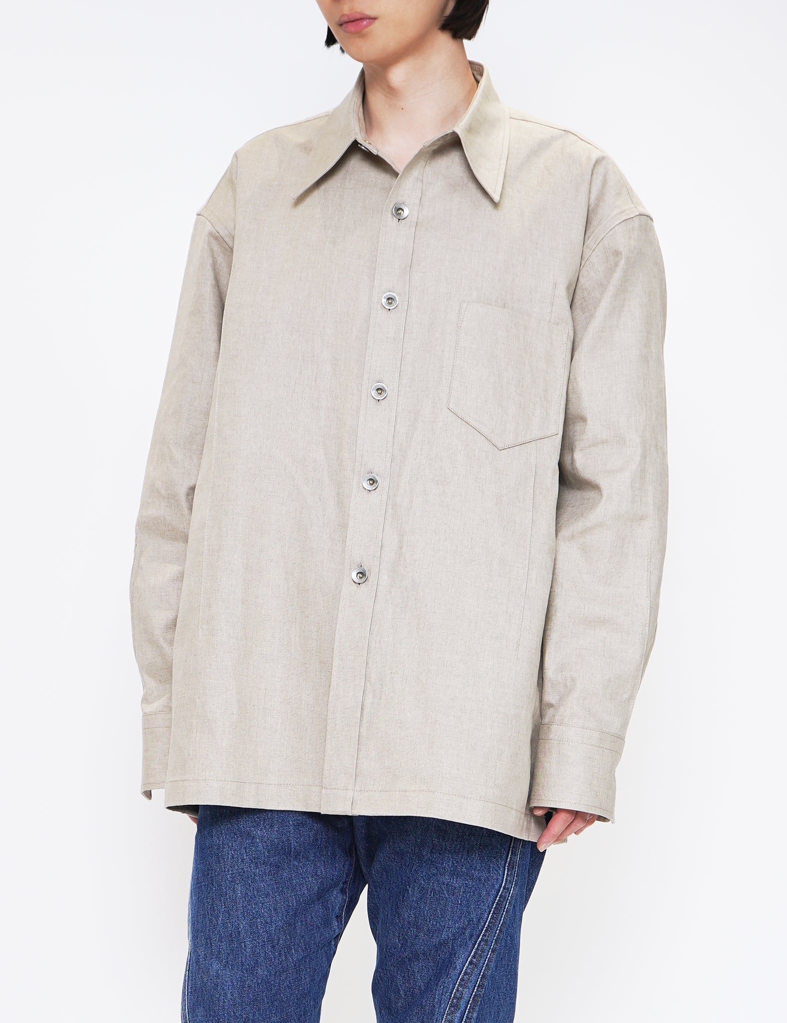 BEIGE LINEN PU CUBOID LONG SLEEVED OVERSHIRT