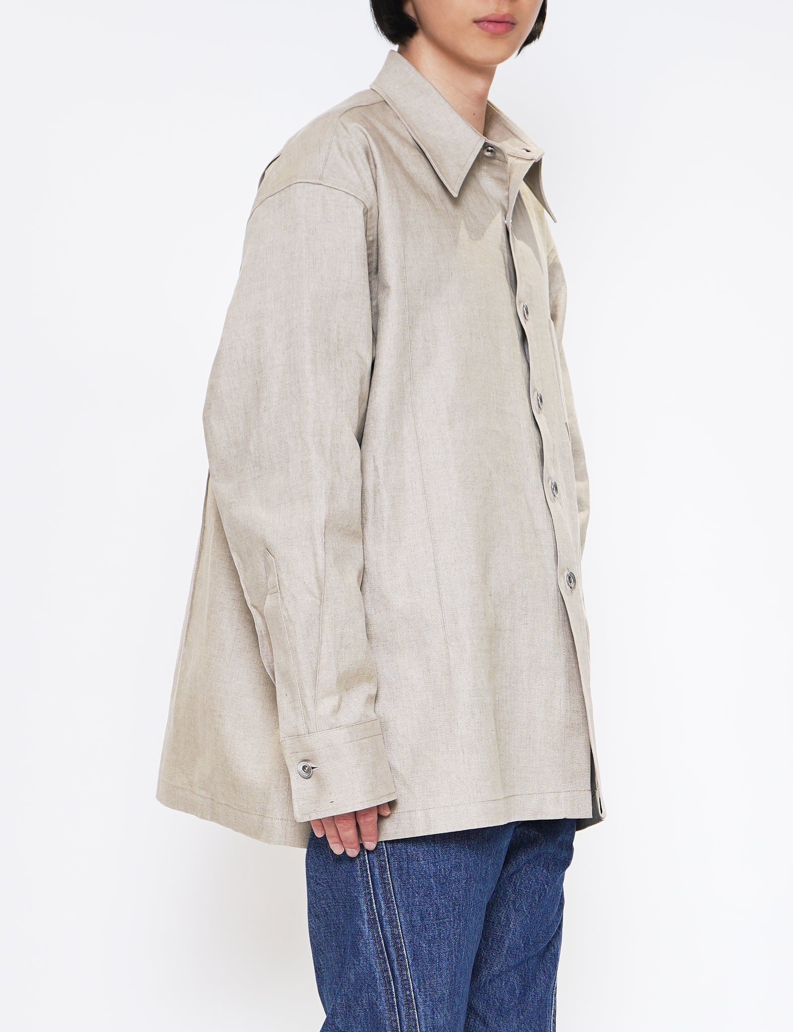BEIGE LINEN PU CUBOID LONG SLEEVED OVERSHIRT