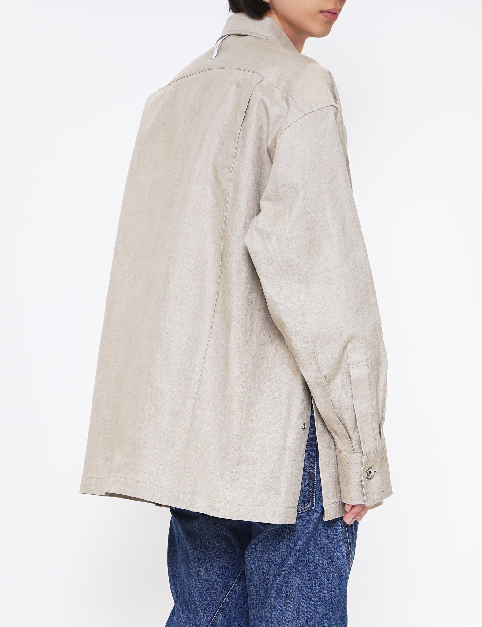 BEIGE LINEN PU CUBOID LONG SLEEVED OVERSHIRT