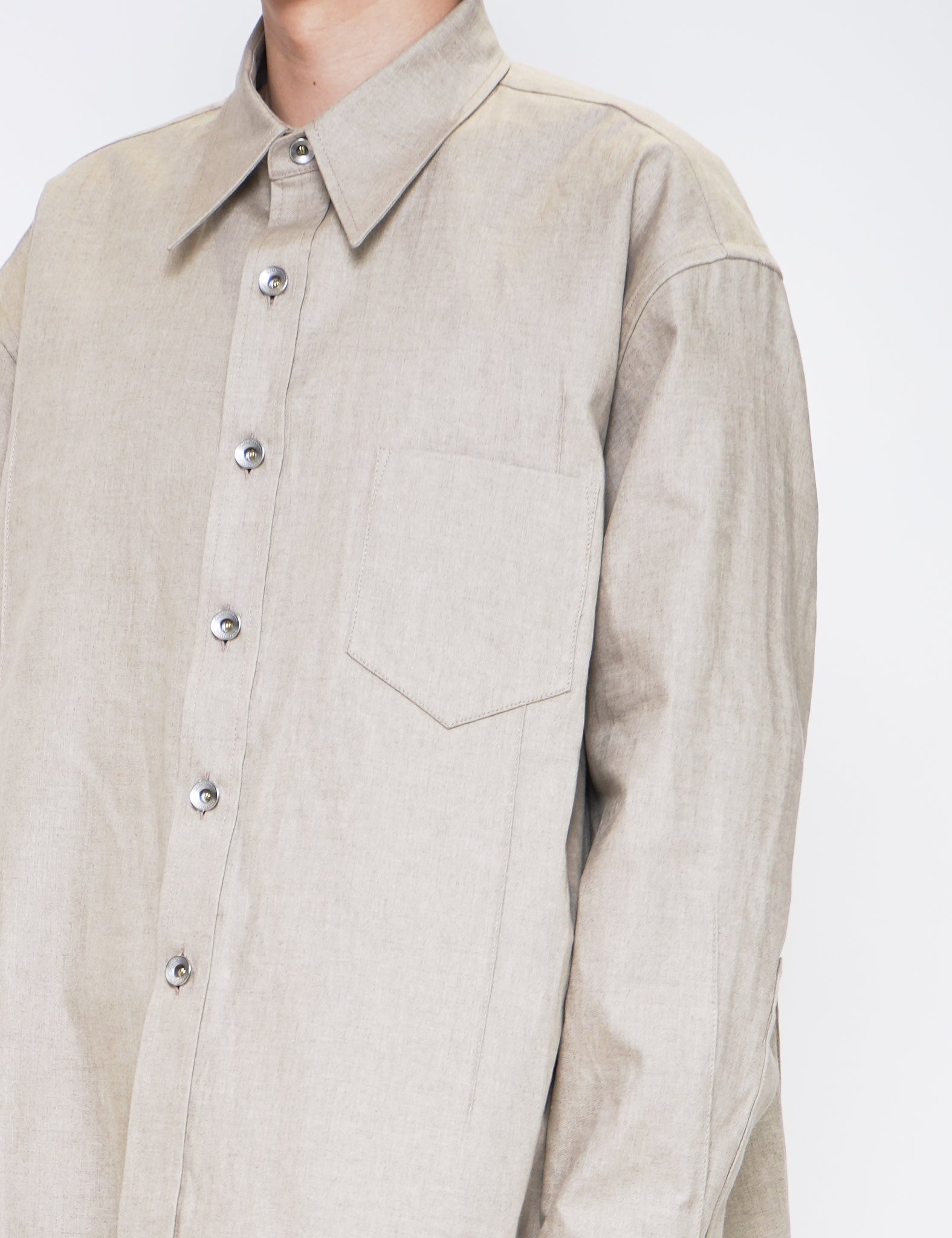 BEIGE LINEN PU CUBOID LONG SLEEVED OVERSHIRT