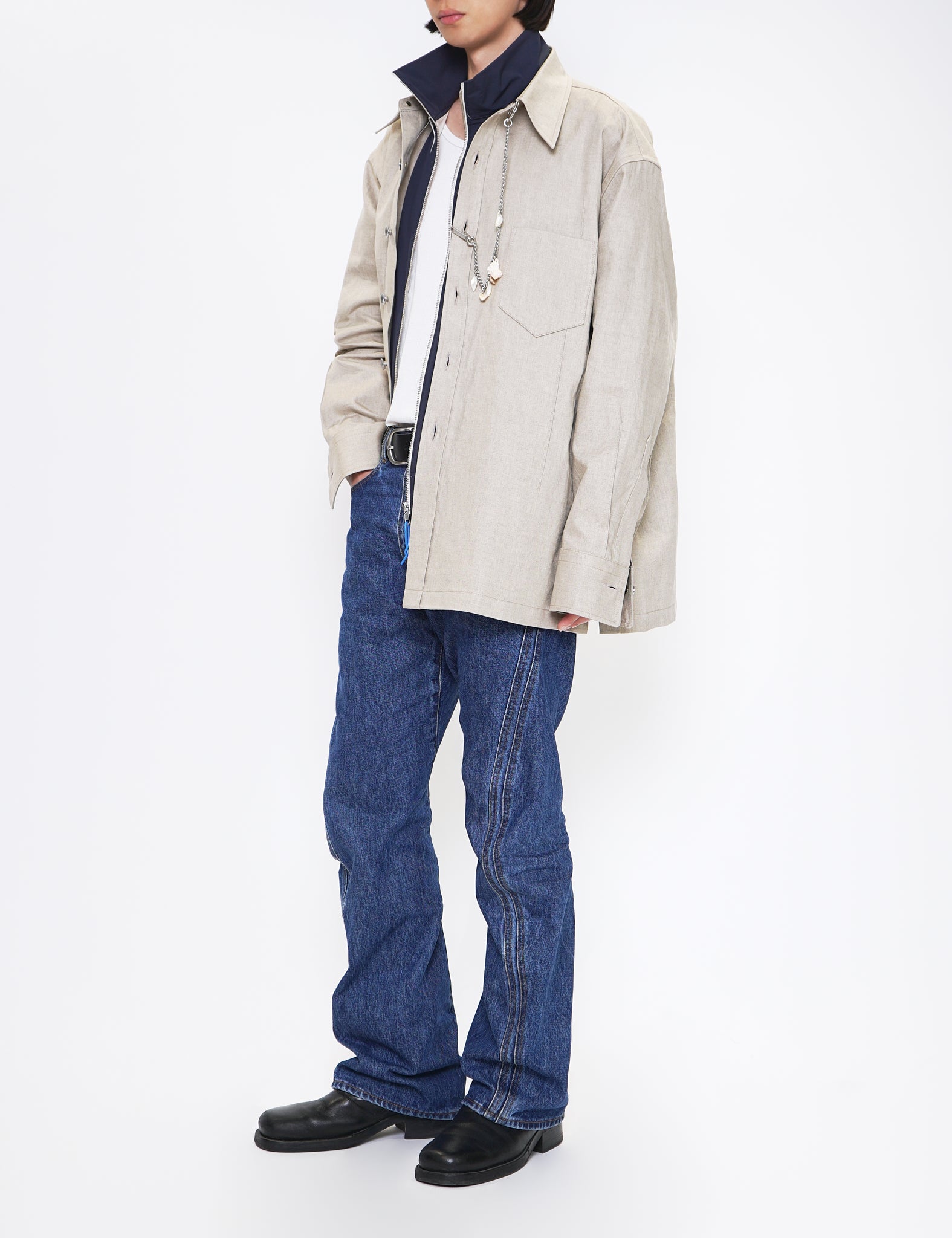 BEIGE LINEN PU CUBOID LONG SLEEVED OVERSHIRT
