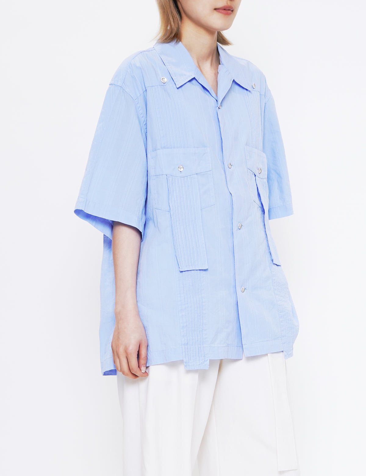 NVRFRGT LIGHT BLUE GARMENT DYED DOBBY STRIPED HALF SLEEVE SHIRT