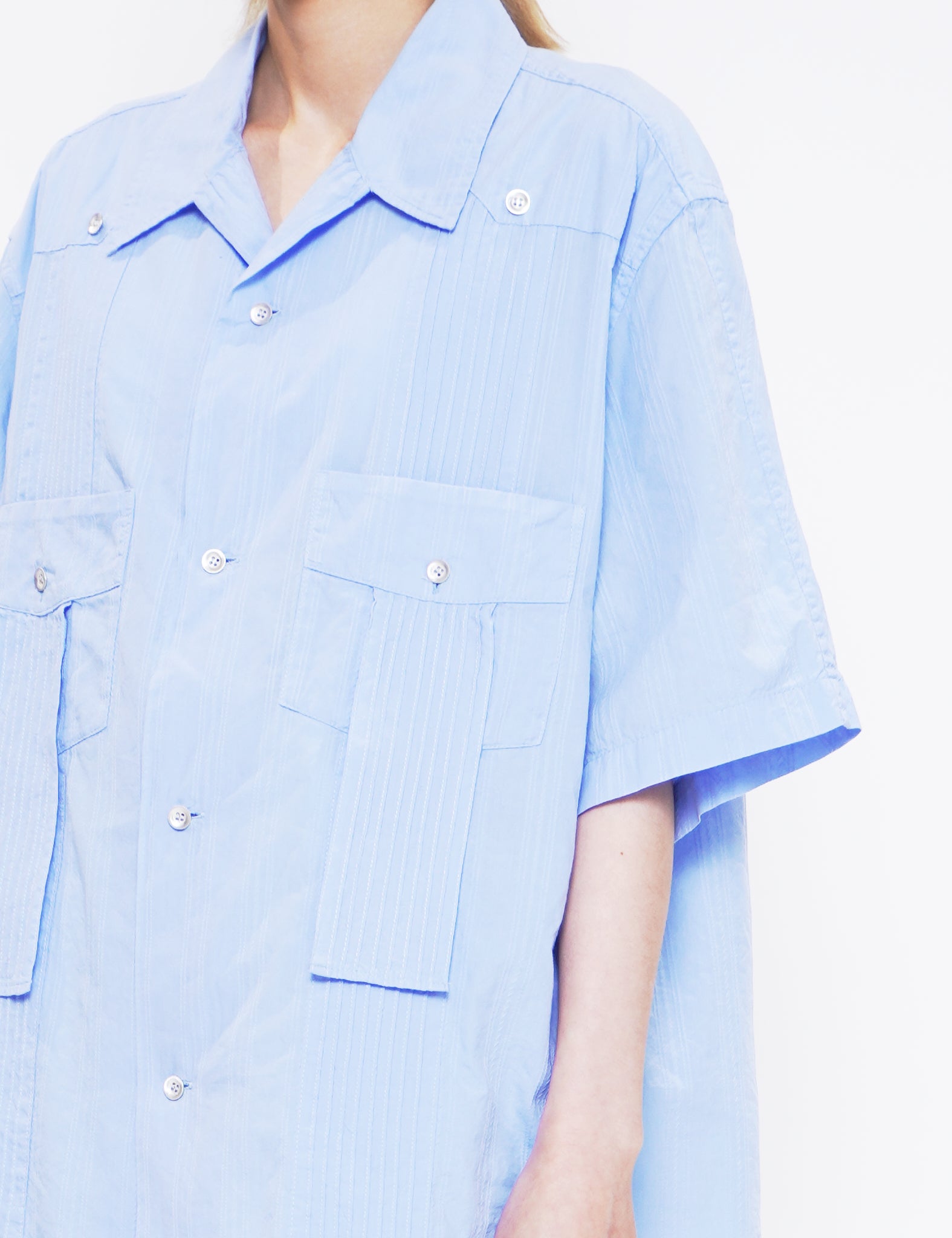 LIGHT BLUE GARMENT DYED DOBBY STRIPED HALF SLEEVE SHIRT