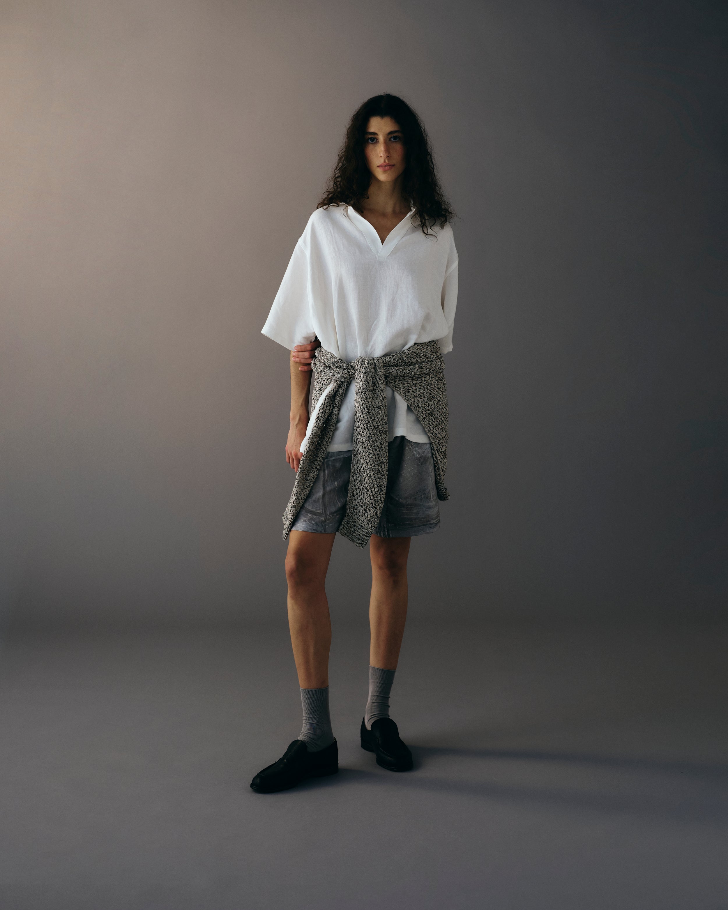 WHITE LINEN SKIPPER POLO SHIRT