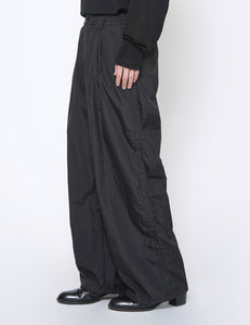 BLACK NYLON 3PLEATED WIDE-LEG EASY TROUSERS