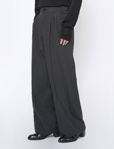 CARBON BLACK WOOL TROPICAL 3PLEATED WIDE-LEG TROUSERS