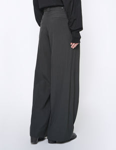 CARBON BLACK WOOL TROPICAL 3PLEATED WIDE-LEG TROUSERS