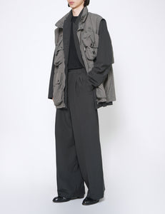 CARBON BLACK WOOL TROPICAL 3PLEATED WIDE-LEG TROUSERS